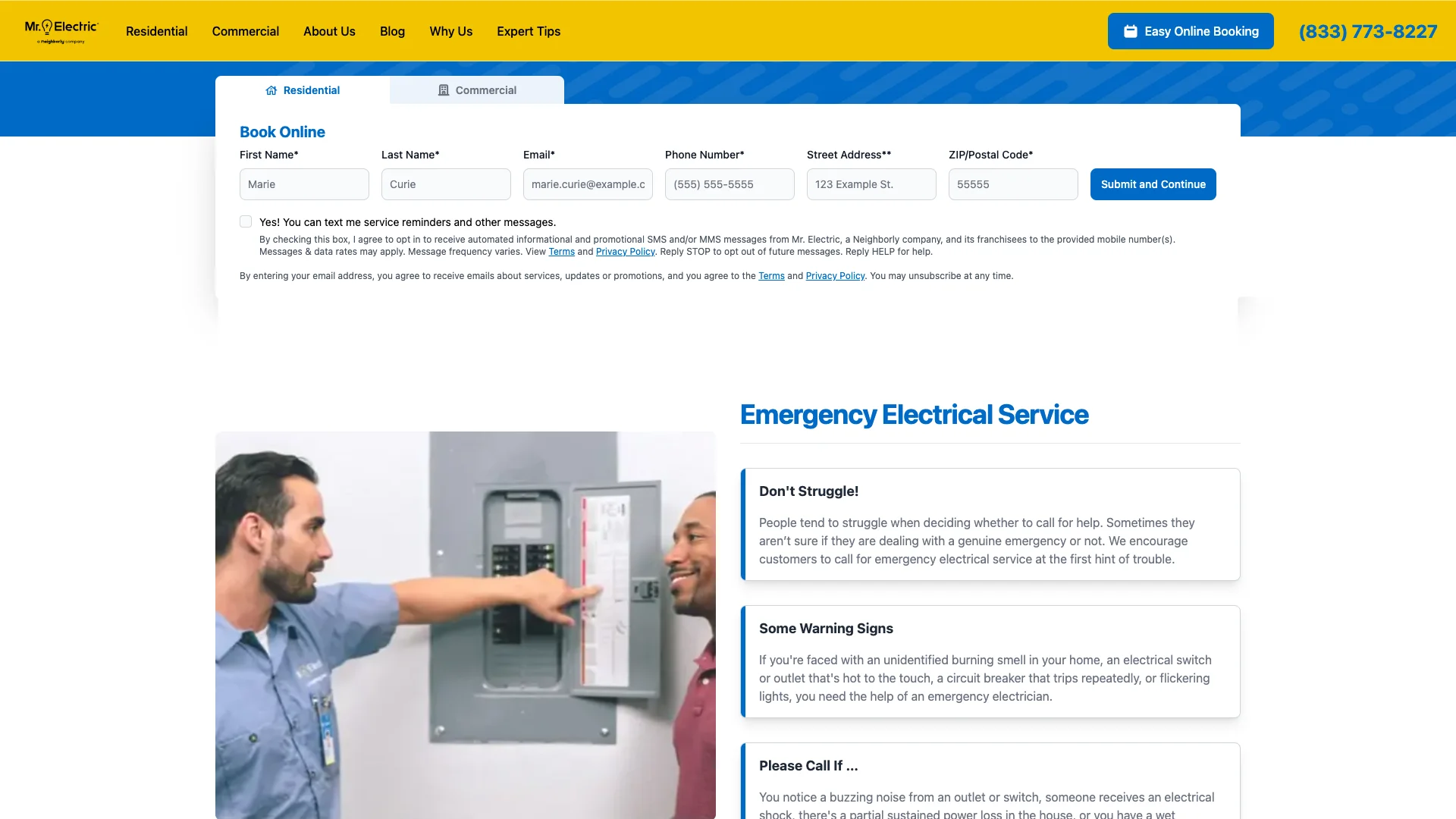 Mr. Electric emergency electrician service page showing the service description content area and the conversion CTAs but no Google Reviews widget, no star rating, no customer review count display visible on the page