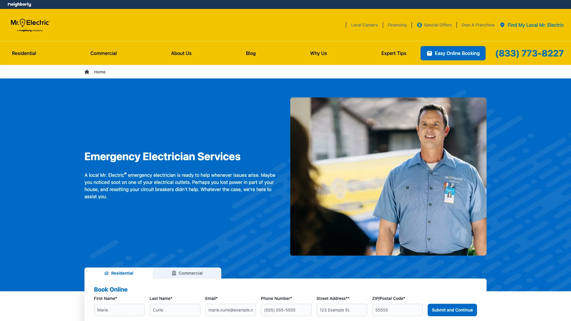 Mr. Electric emergency electrician page form area showing the multi-field contact form with first name, last name, email, phone, address, and zip code fields along with the ZIP Code search and service request CTAs
