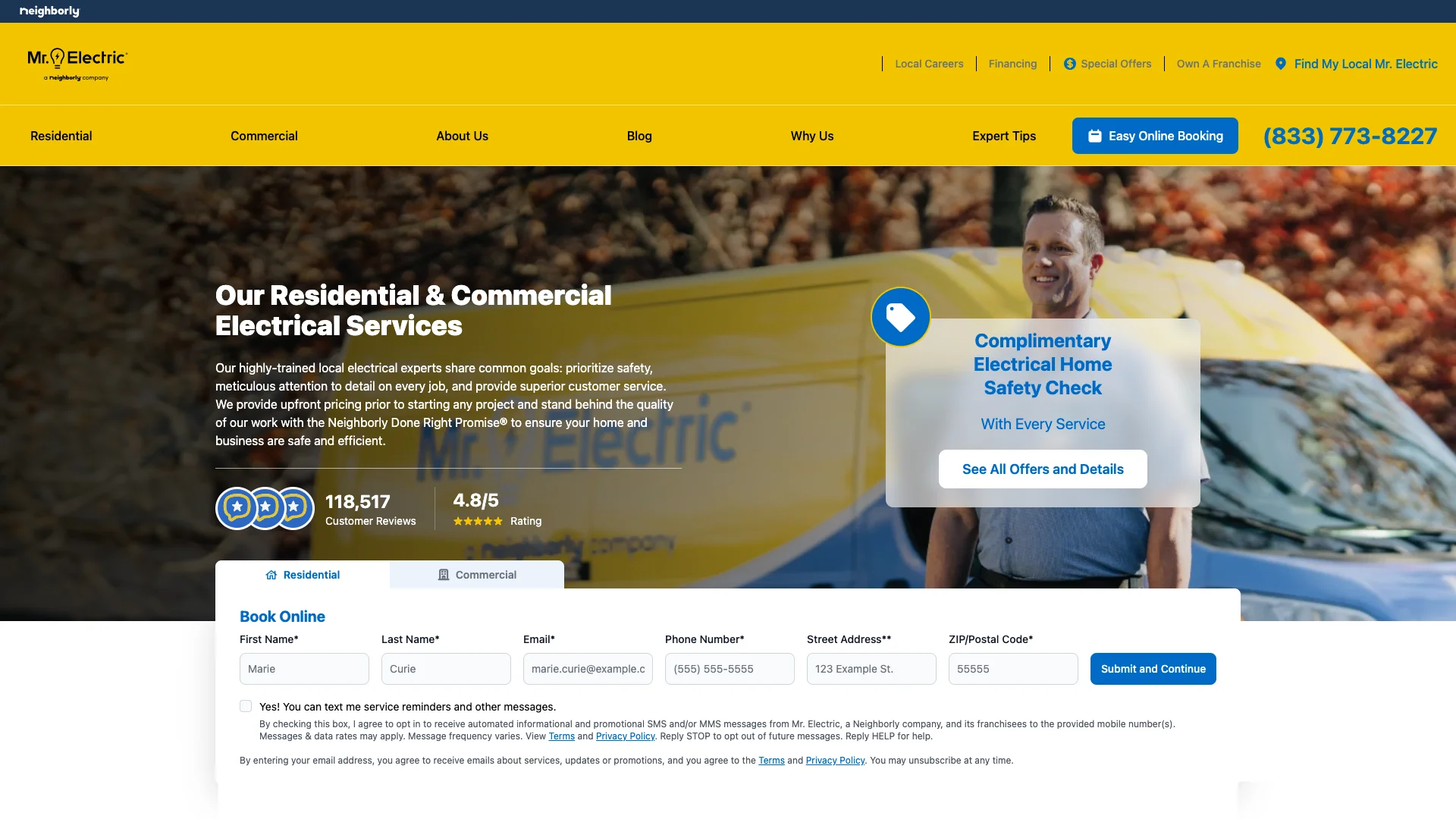 Mr. Electric homepage hero showing electrician franchise branding with residential and commercial service navigation
