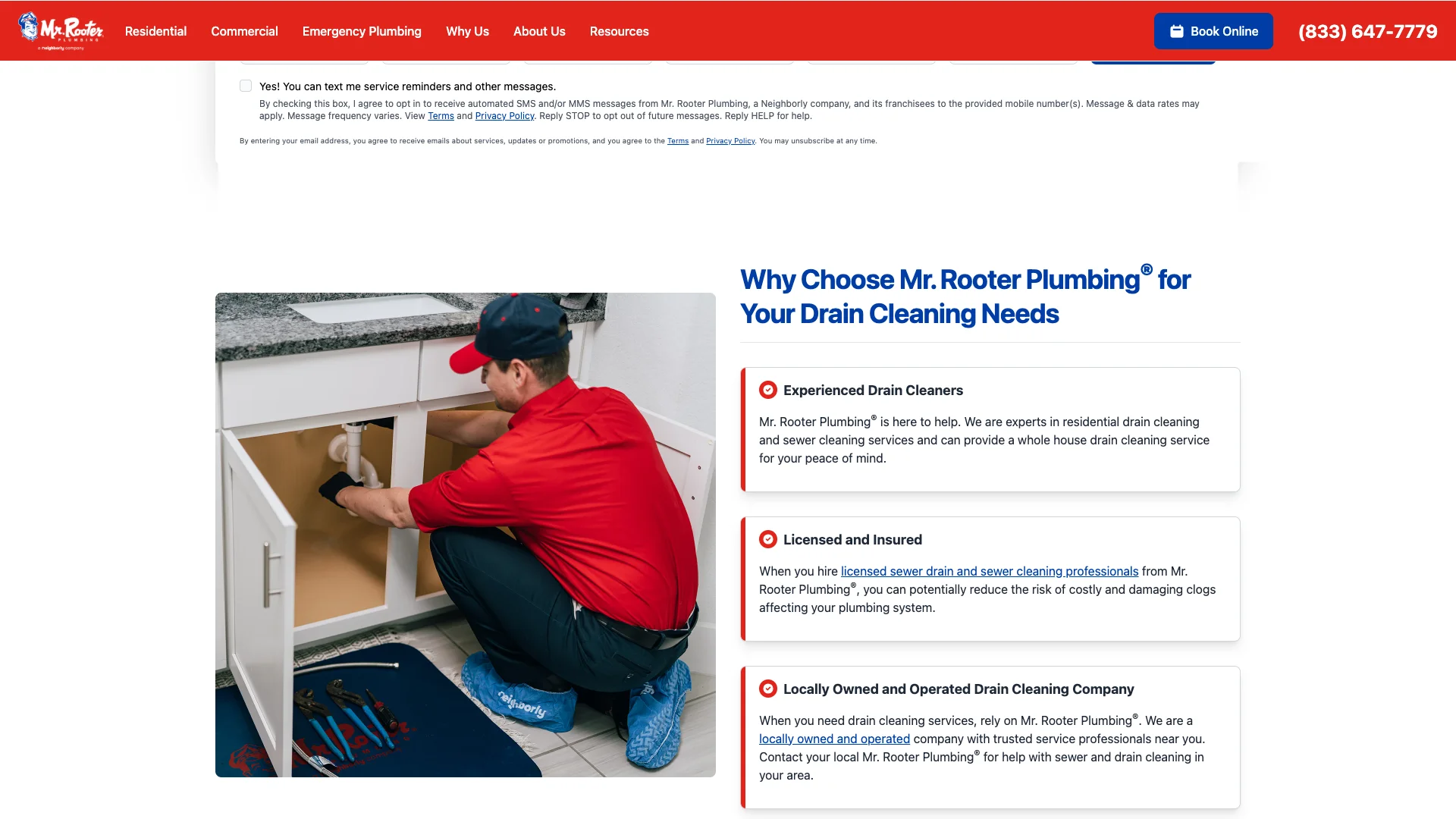 Mr. Rooter Plumbing service page showing the customer reviews section with star ratings and customer testimonial carousel further down the page