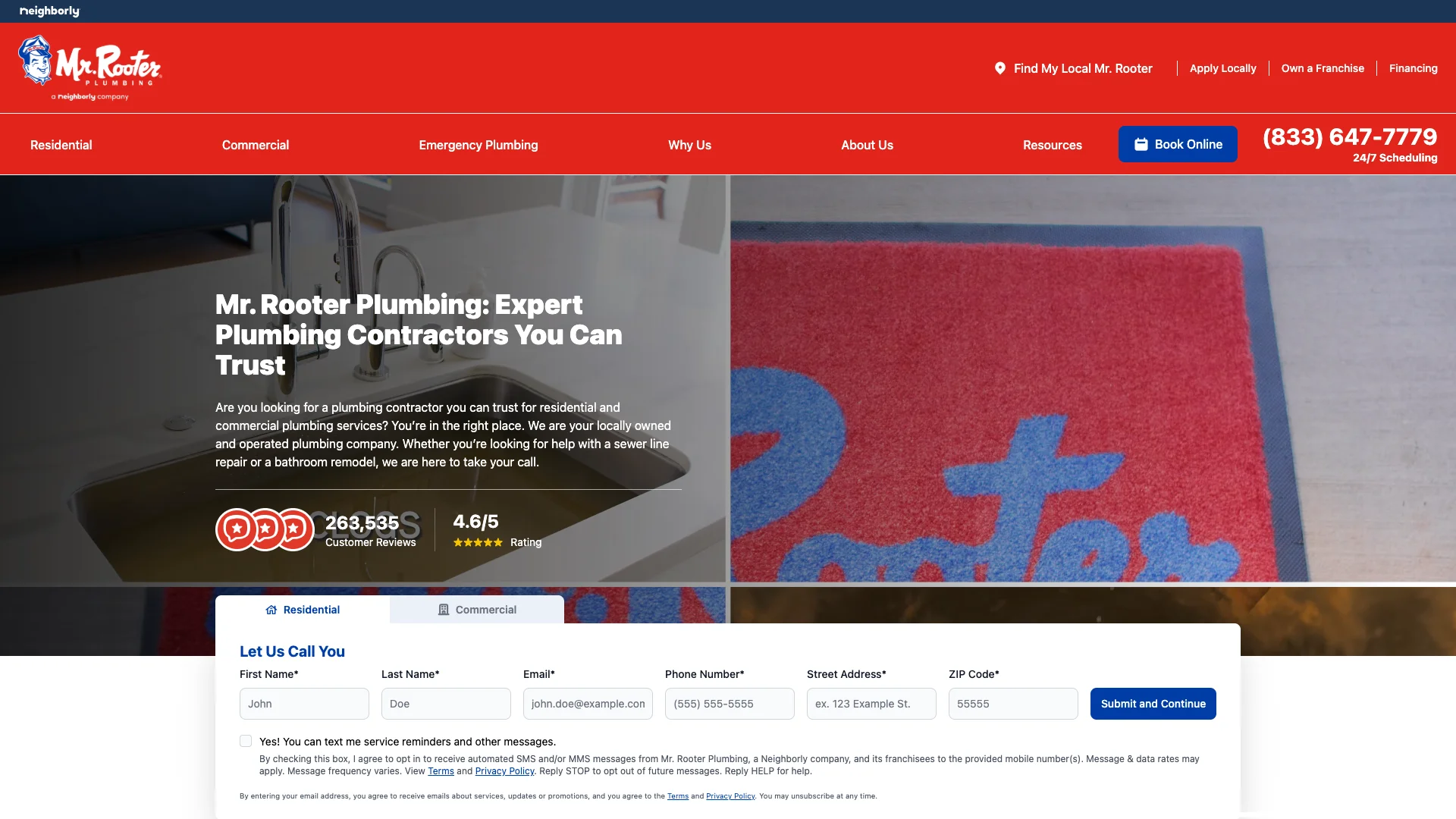 Mr. Rooter Plumbing homepage hero showing plumbing franchise branding with residential and commercial service navigation