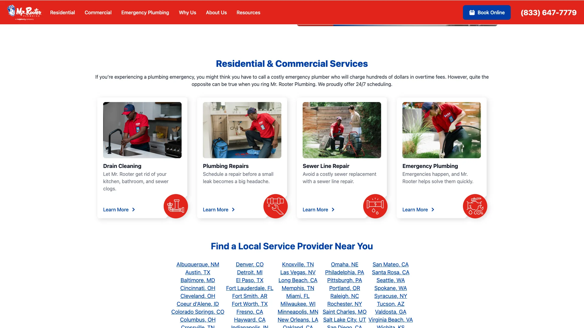 Mr. Rooter Plumbing emergency service page showing the contact and conversion area with multiple form elements and CTAs rendered together alongside the franchise location routing options
