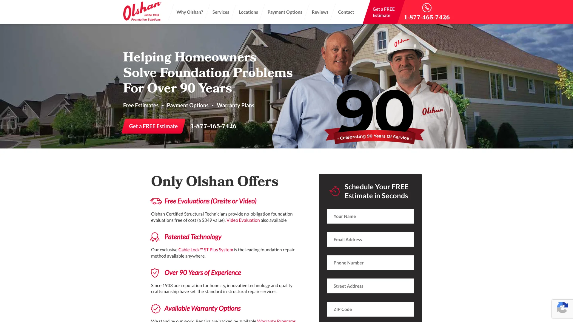 Olshan Foundation Solutions homepage hero with Since 1933 branding