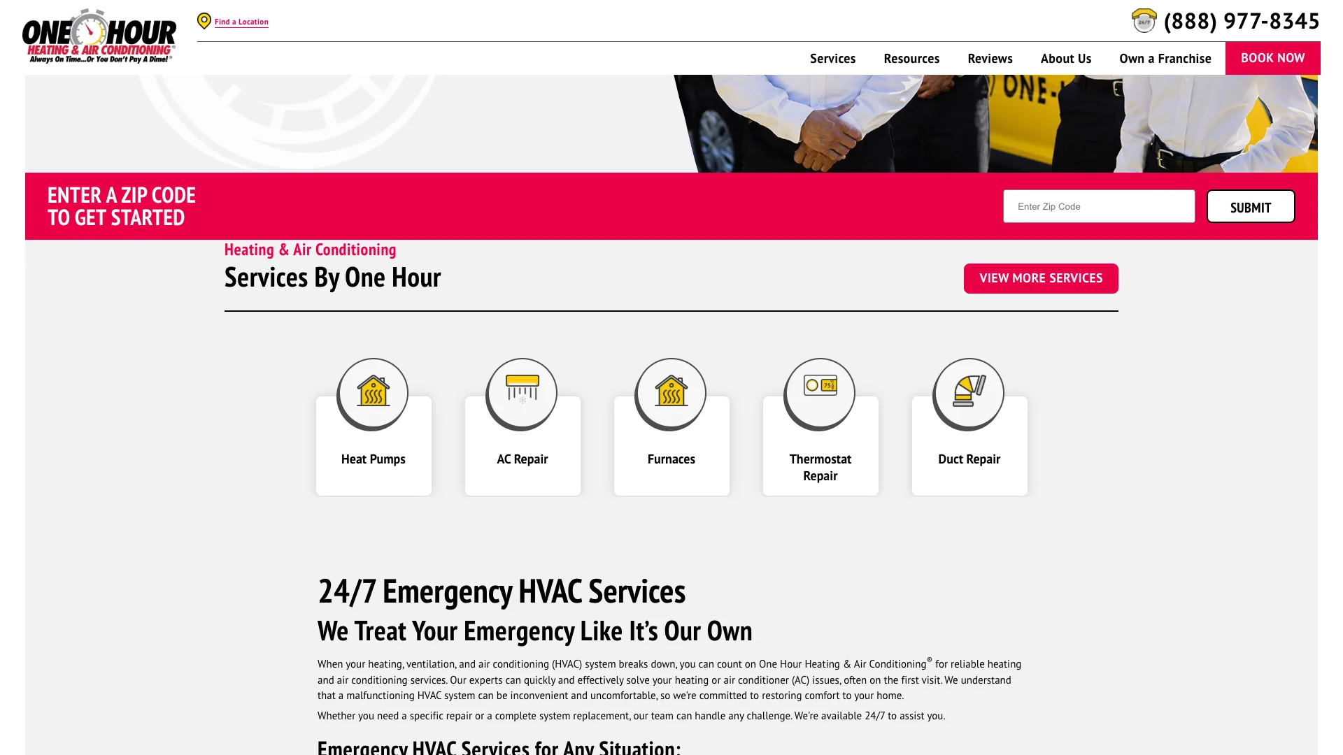 One Hour Heating and Air 24/7 emergency HVAC service page showing the service description, the single zip code input field for finding a local franchise, and the Book Now and Call Us CTAs with the (800) 893-3523 phone number