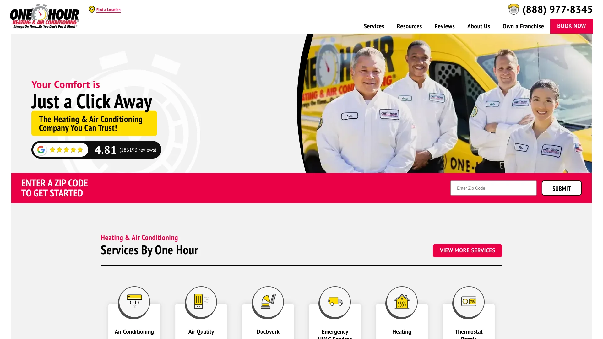One Hour Heating and Air homepage hero showing HVAC franchise branding with 24/7 emergency service messaging