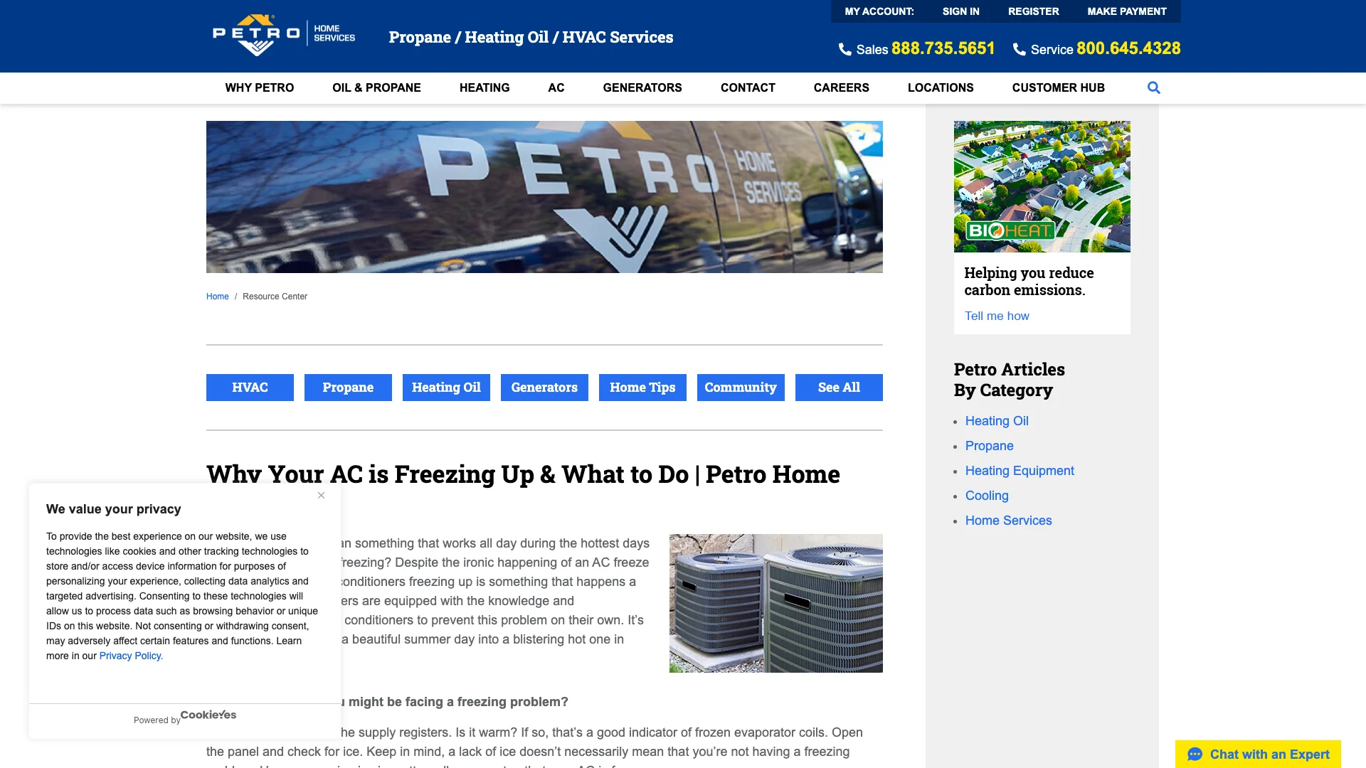 Petro Home Services why-ac-freezing-up article page showing the article content with CTA links in the body copy but no inline contact form anywhere on the page, the only conversion paths being phone numbers and text links to other pages