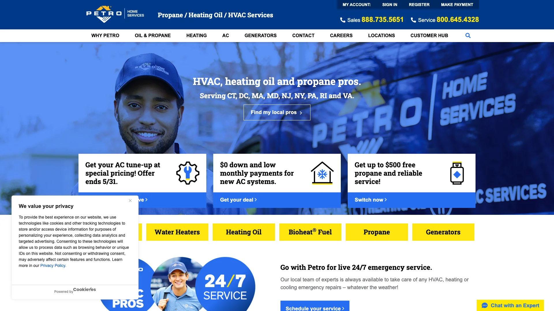 Petro Home Services homepage hero showing heating oil and HVAC service branding
