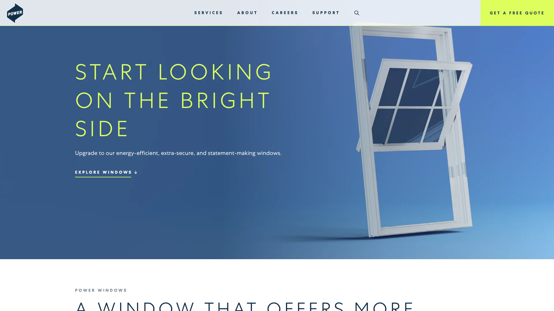 Power Home Remodeling navigation bar showing POWER logo, top-level menu, and the GET A FREE QUOTE CTA button that every Google Ad campaign routes visitors toward