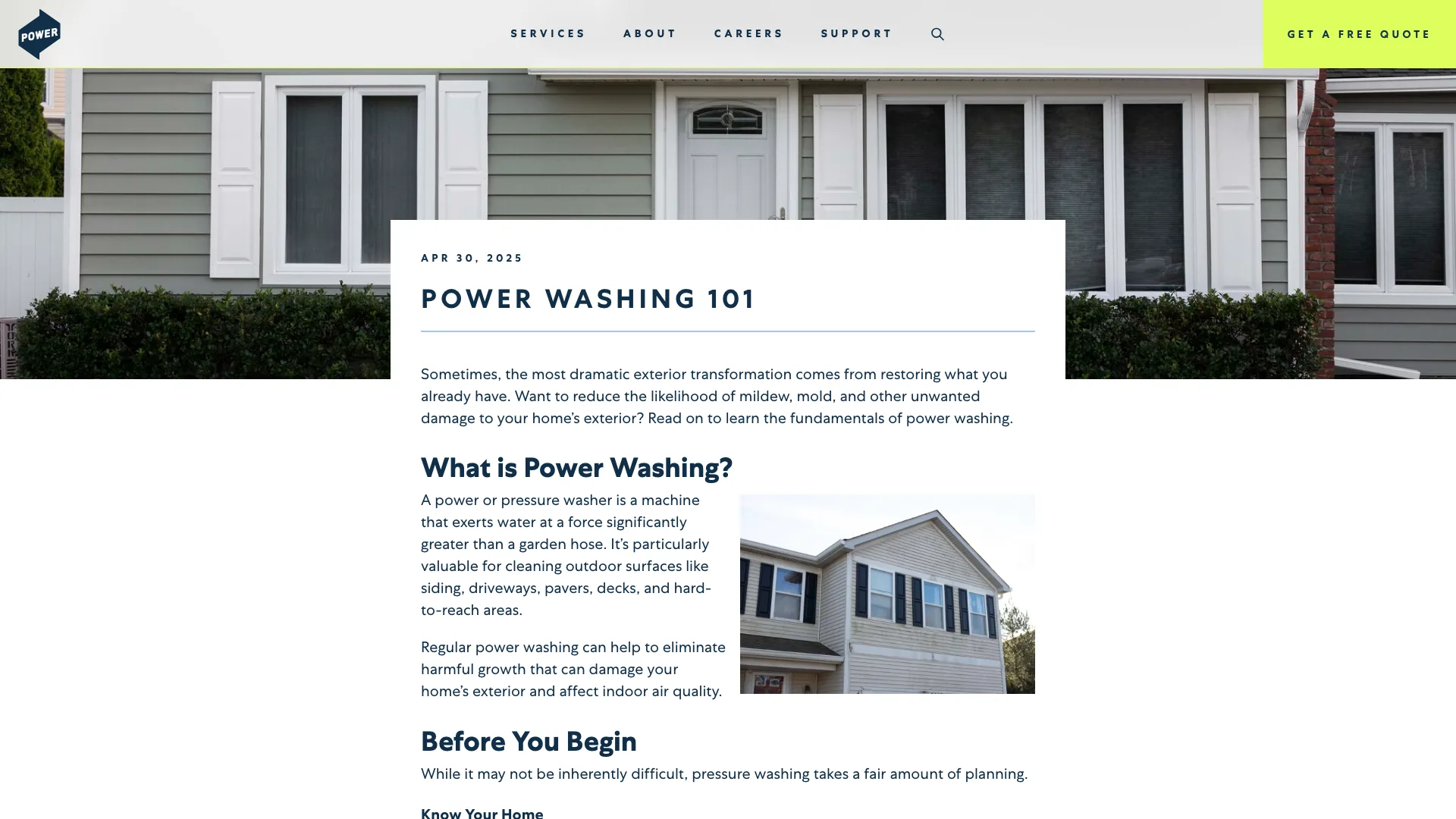 Power Home Remodeling Power Washing 101 blog article header showing the article headline and introductory paragraph on a clean white background, with no inline form or capture element visible