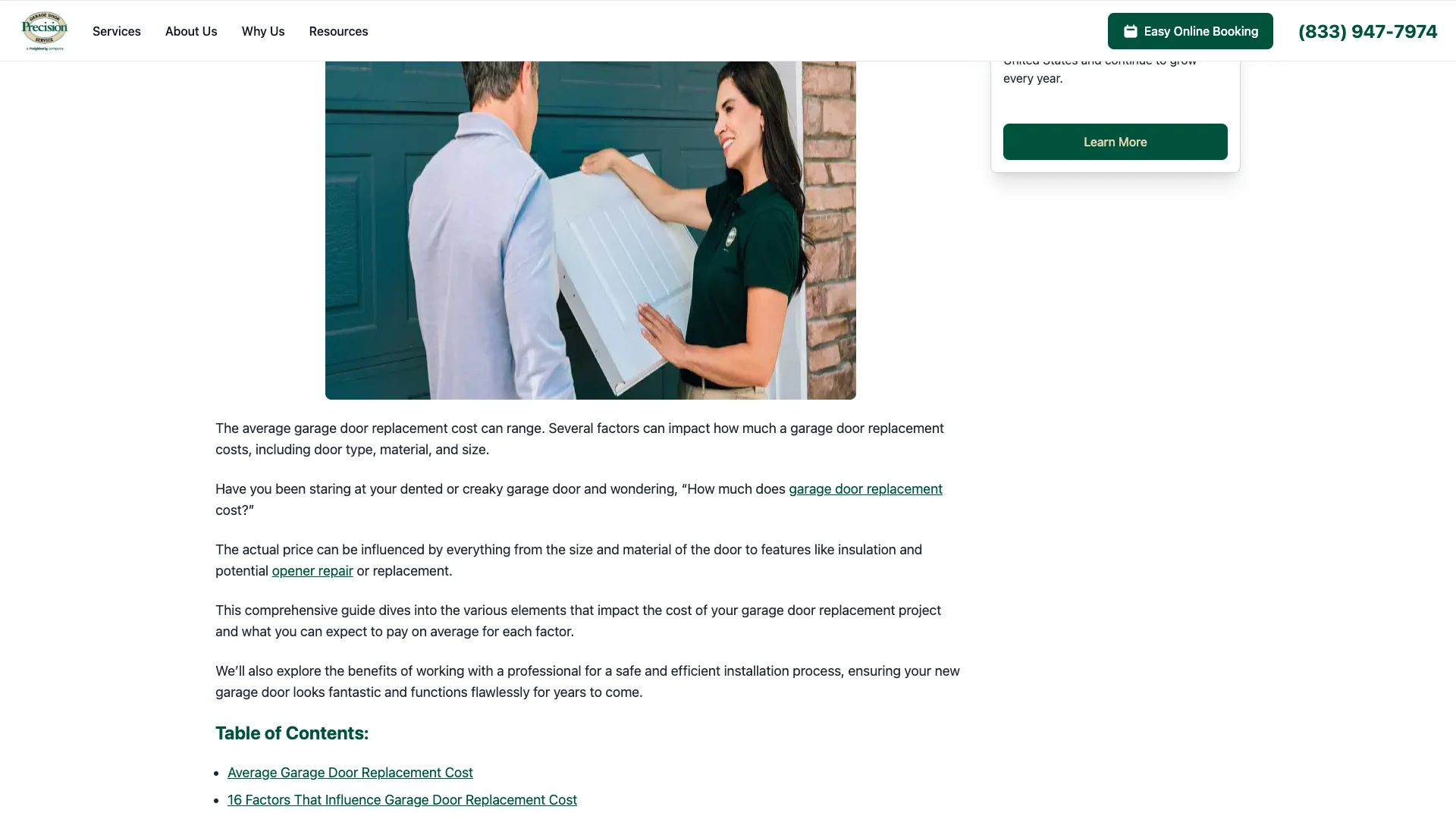 Precision Garage Door Service page showing the trust badge layout with industry certifications and warranty badges visible but no Google Reviews or review widgets present