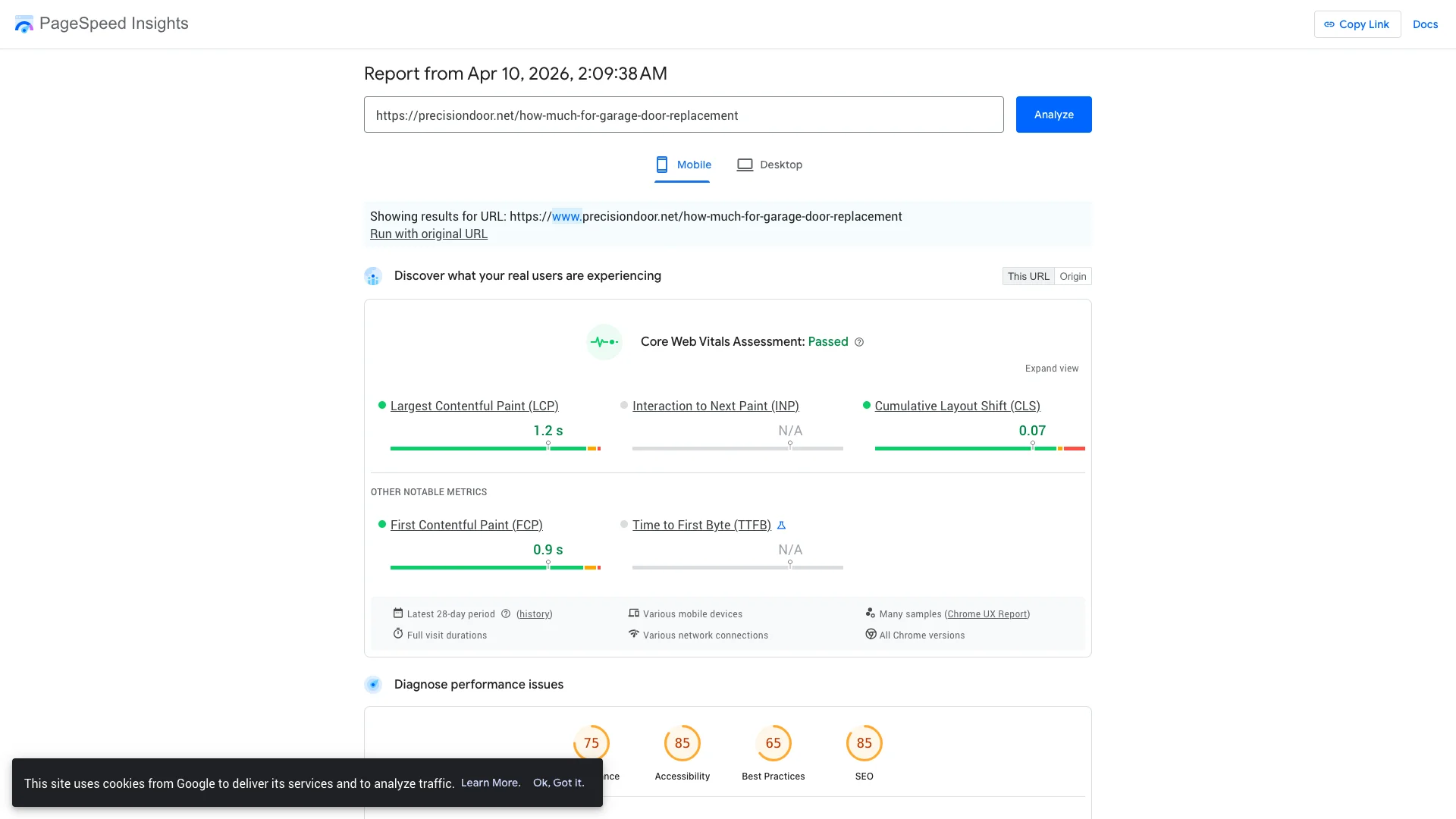 Google PageSpeed Insights Lighthouse lab results for the Precision Garage Door replacement cost page on mobile showing a score of 45 out of 100