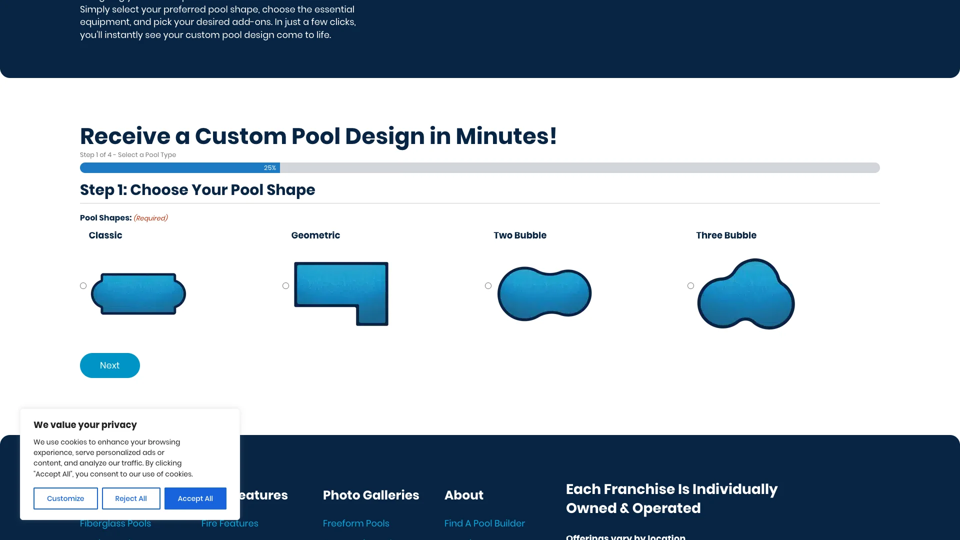 Google PageSpeed Insights mobile lab results for Premier Pools Design Your Pool page showing a score of 39 out of 100