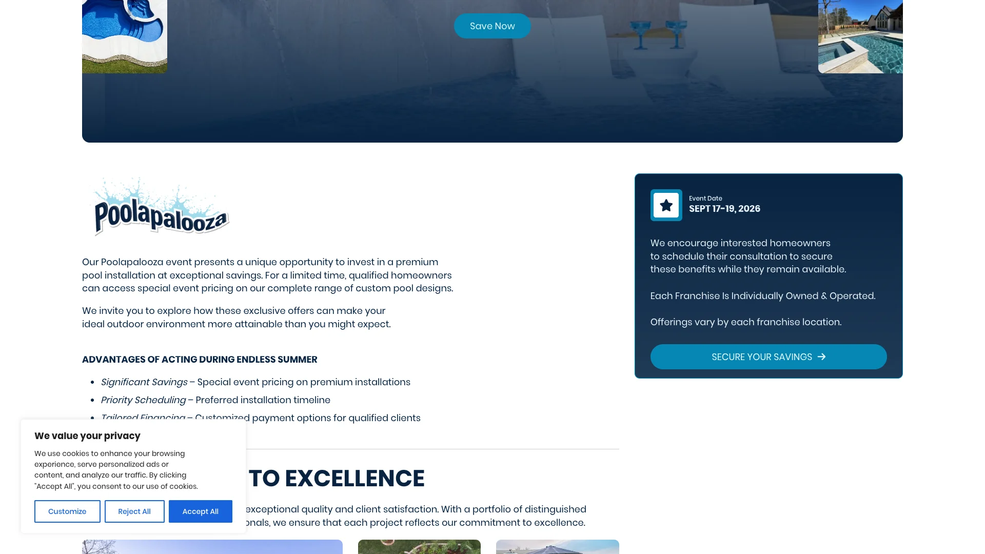 Premier Pools Poolapalooza page showing the promotional pool event content with forms present but no visible Google Reviews or trust badges