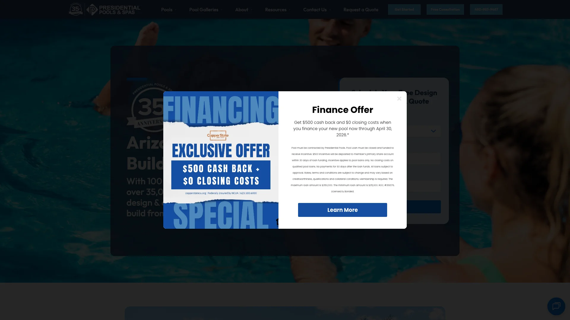 Presidential Pools and Spas homepage hero showing Arizona pool building service branding