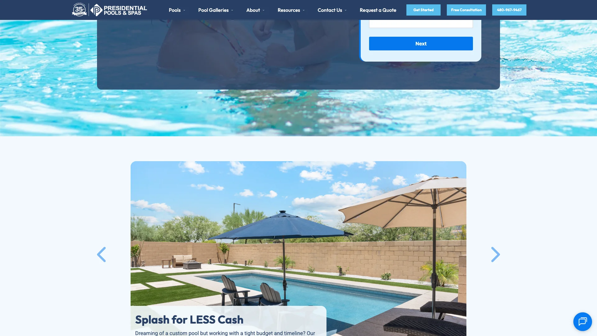 Presidential Pools Splash pool package page showing the pool package pricing and details with no visible trust signals, Google Reviews, or trust badges on the page