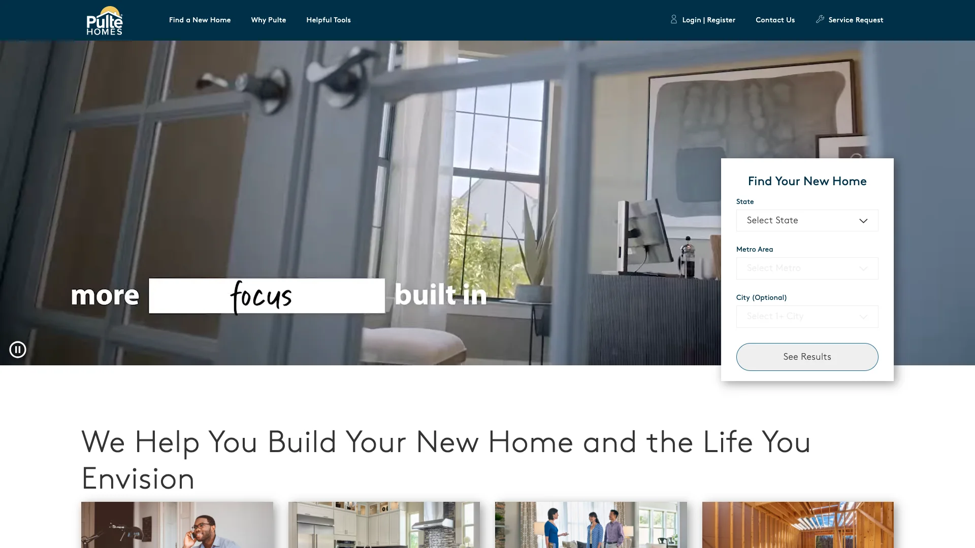 PulteGroup homepage hero showing custom home builder branding