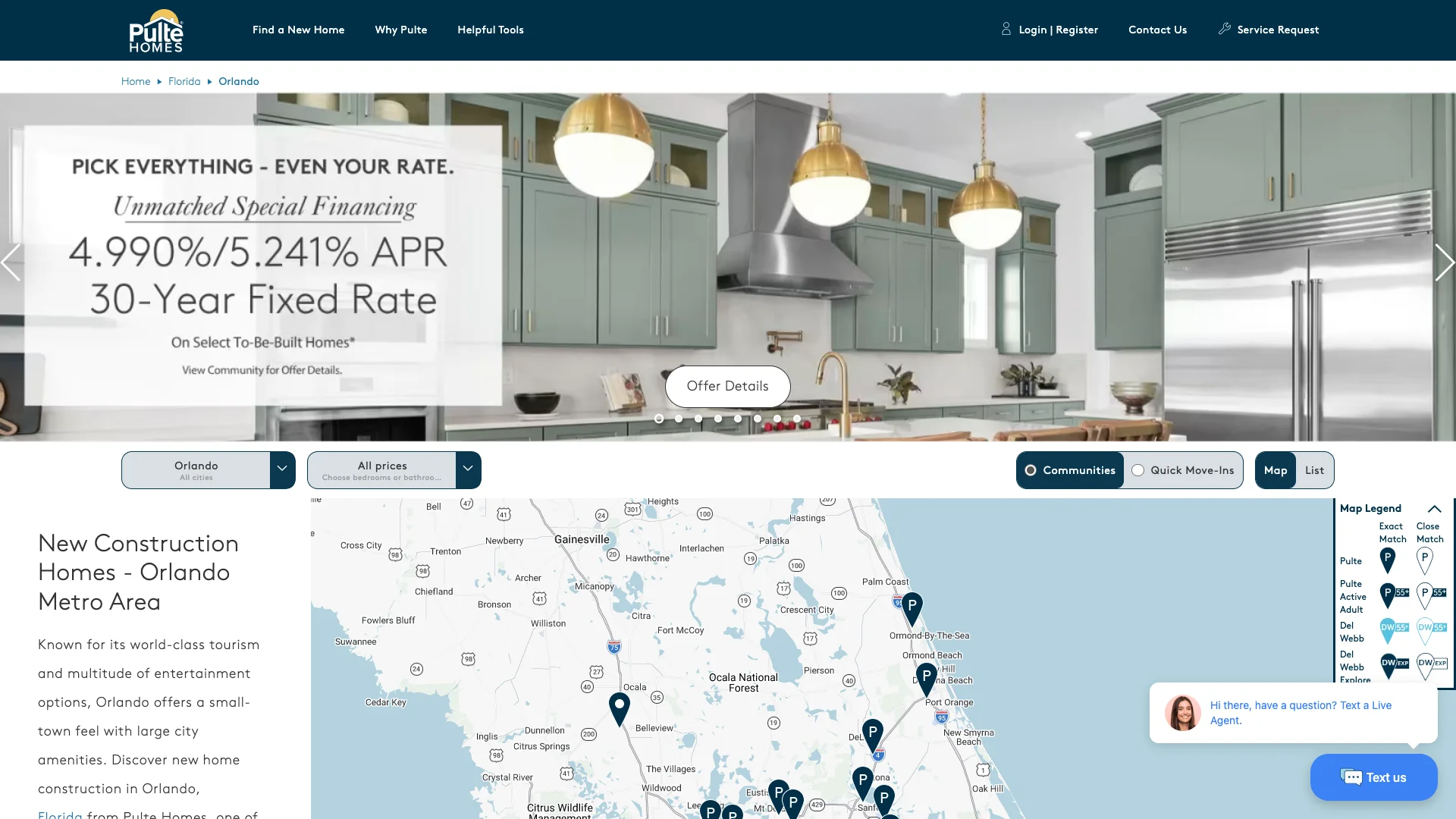 Pulte Homes Orlando metro area page showing new construction community listings with home exterior photographs, pricing ranges, bedroom and bathroom counts, square footage, and community names in the Greater Orlando area