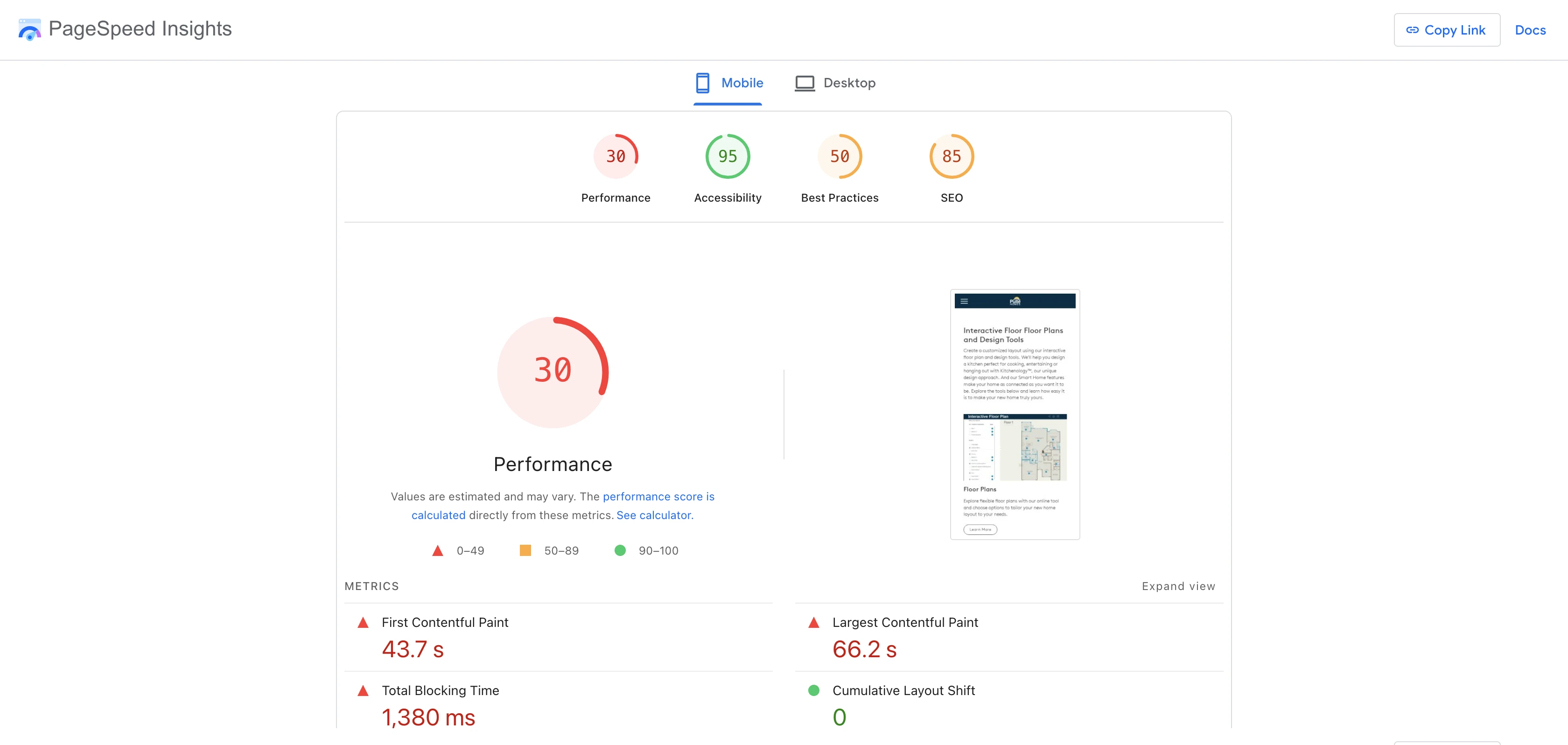 Google PageSpeed Insights Lighthouse lab results for pulte.com/build/custom-home-designs showing a performance score of approximately 30 out of 100 on mobile, with LCP of 66.2 seconds and FCP of 43.7 seconds