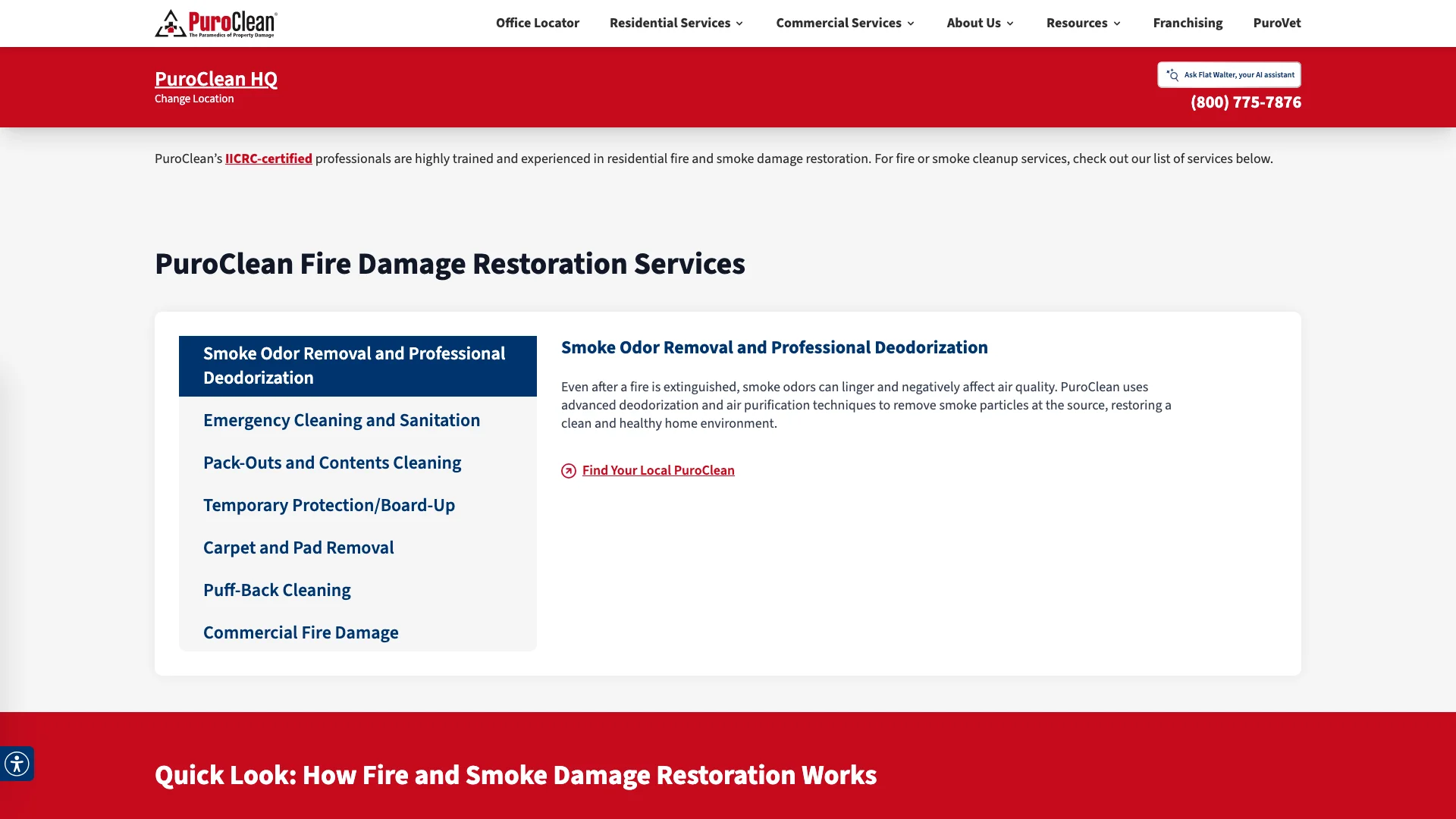 PuroClean page showing trust badges visible in the layout with the restoration service content and franchise branding