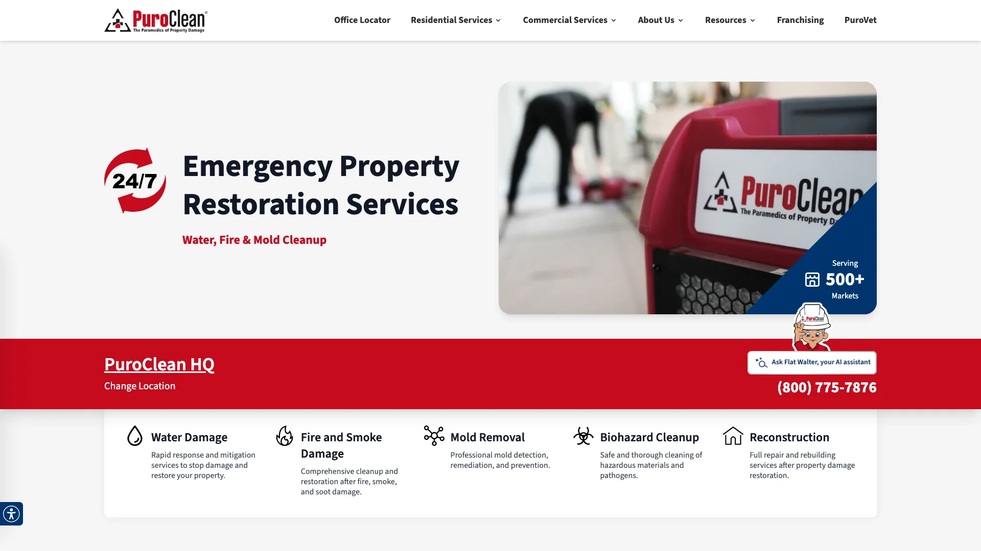 PuroClean homepage hero showing restoration franchise branding