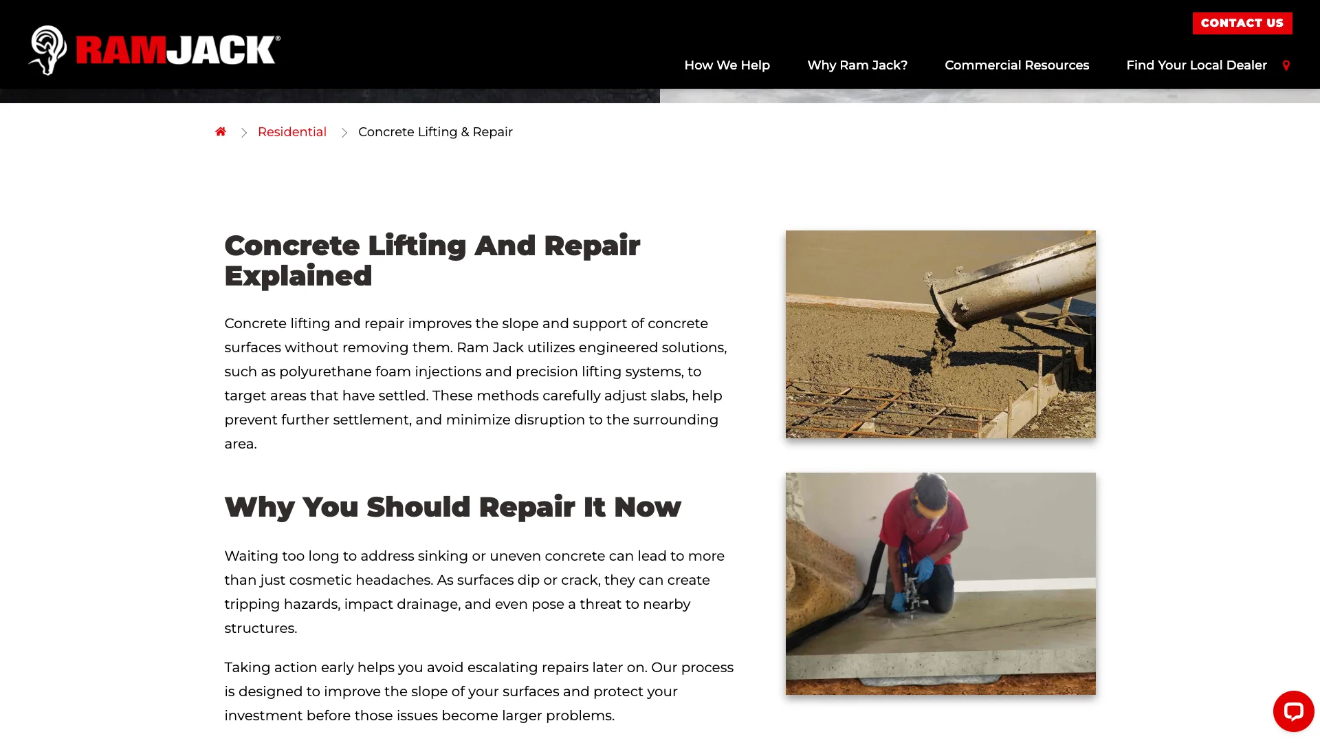 Ram Jack foundation repair service page showing the two lead capture forms positioned in the hero section and mid-page area alongside the foundation repair service content