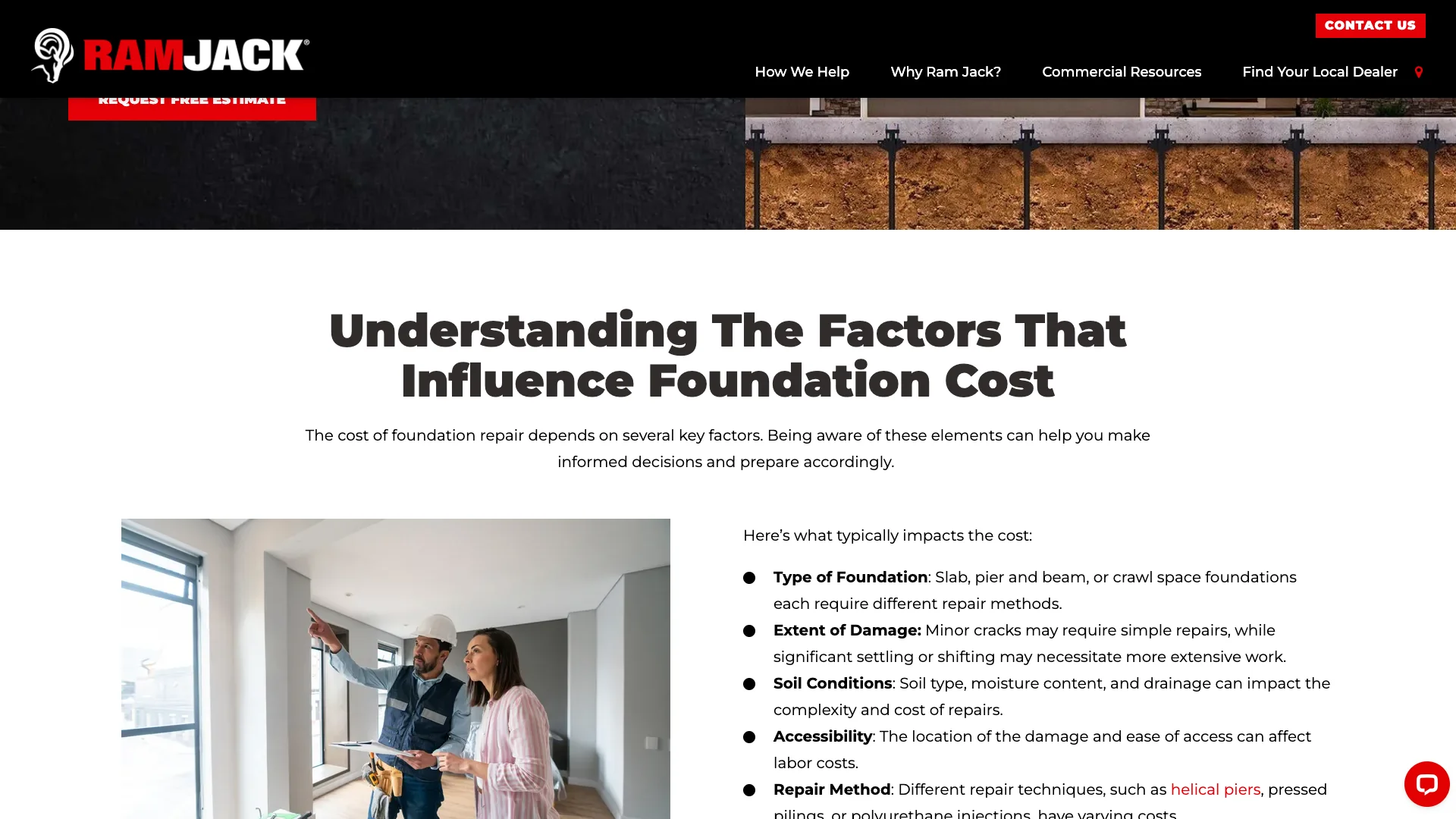 Ram Jack foundation repair page showing the Google Reviews widget with star ratings and the trust badges section displaying industry certifications and warranty information