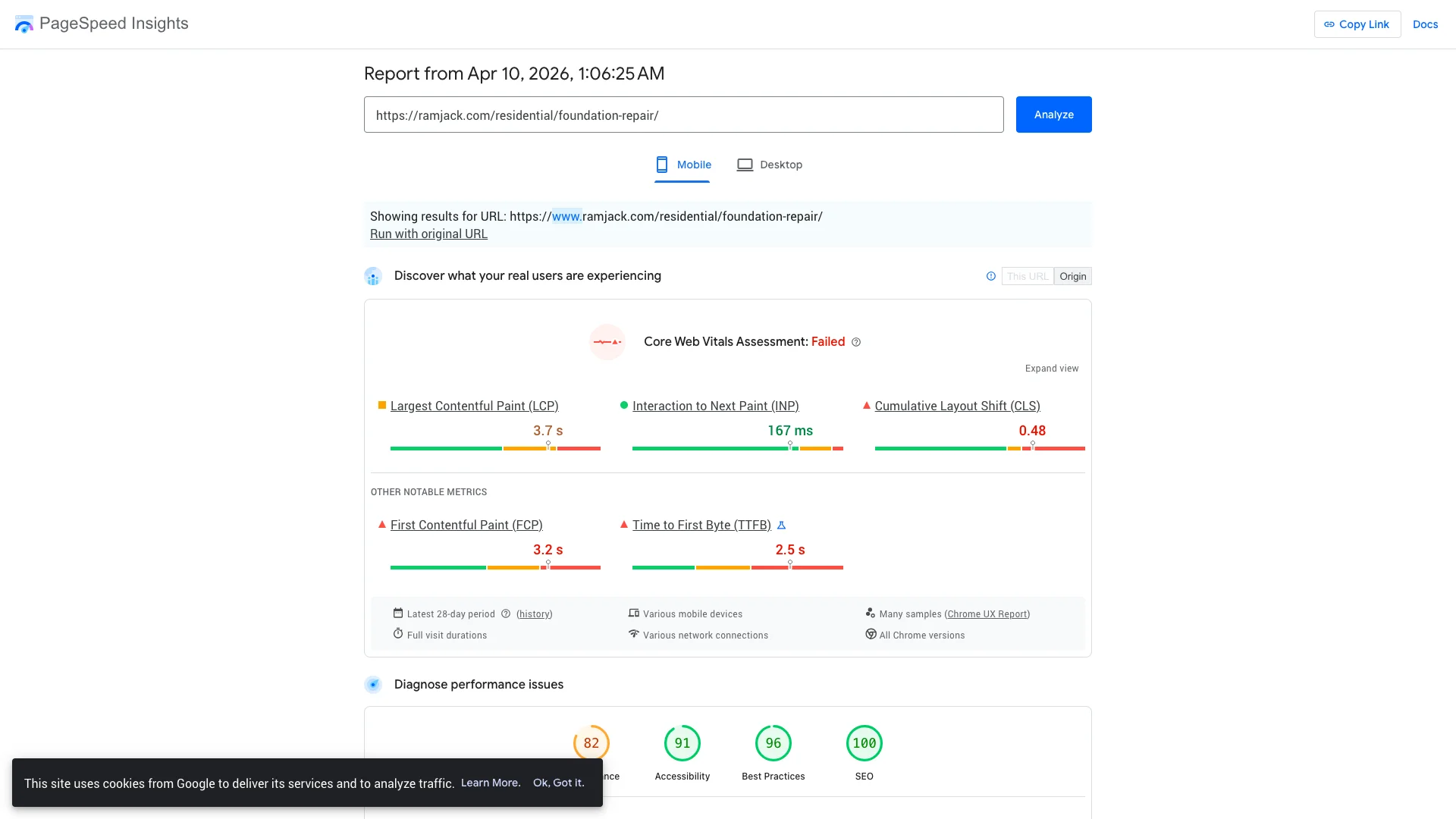 Google PageSpeed Insights Lighthouse lab results for Ram Jack foundation repair service page on mobile showing a score of 76 out of 100