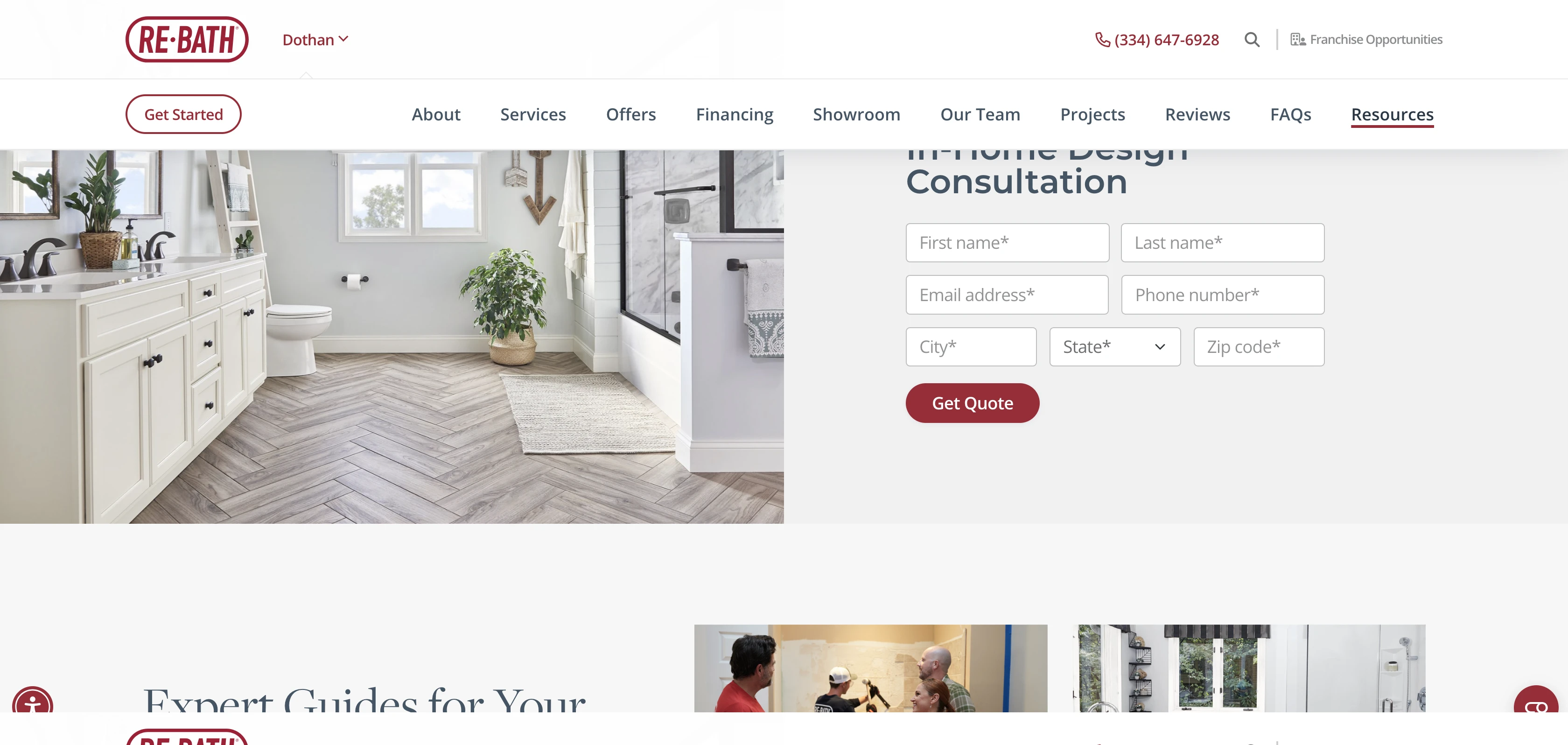 Re-Bath Dothan franchise location page showing the 15-field lead capture form with first name, last name, email, phone, city, zip code, SMS consent checkbox, and additional select dropdowns — the longest form found across all three audited pages