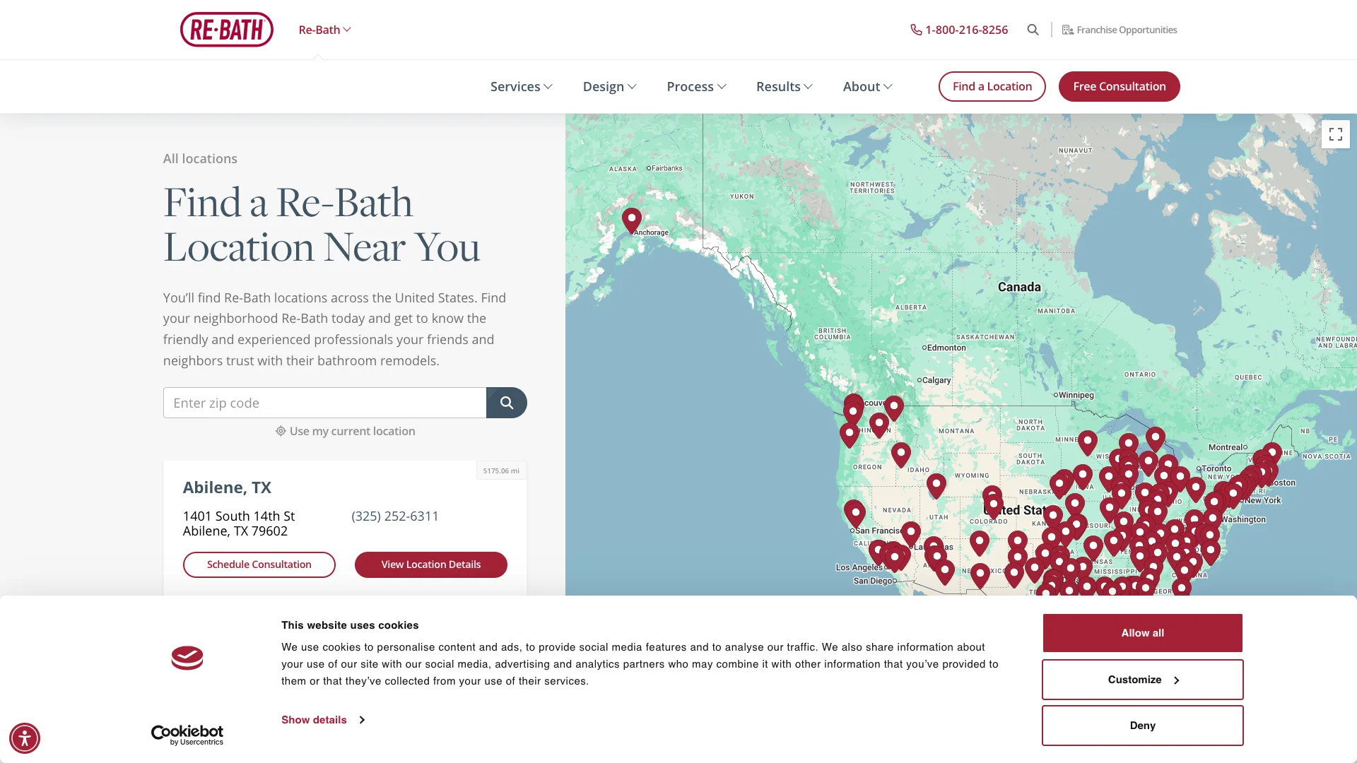 Re-Bath find-a-location page showing 'Find a Re-Bath Location Near You' heading with zip code search field, Google Maps embed displaying 100+ franchise location pins across the United States, and an alphabetical location listing starting with Abilene TX showing address and phone number