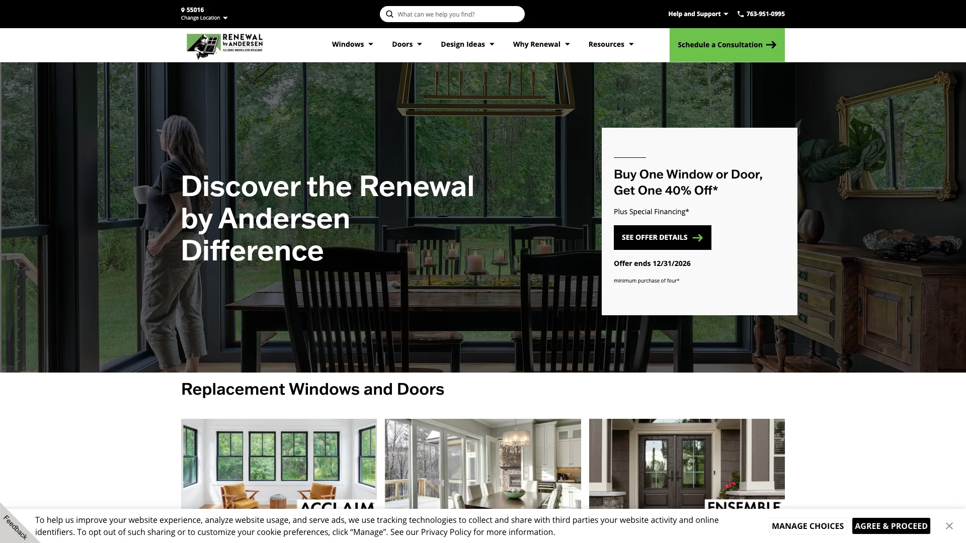 Renewal by Andersen homepage hero showing premium window replacement branding