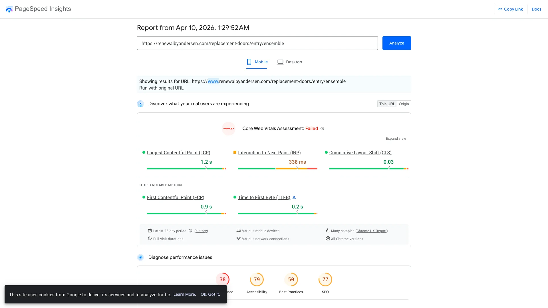 Google PageSpeed Insights Lighthouse lab results for Renewal by Andersen windows-doors page on mobile showing a score of 39 out of 100 and a layout shift of 0.198