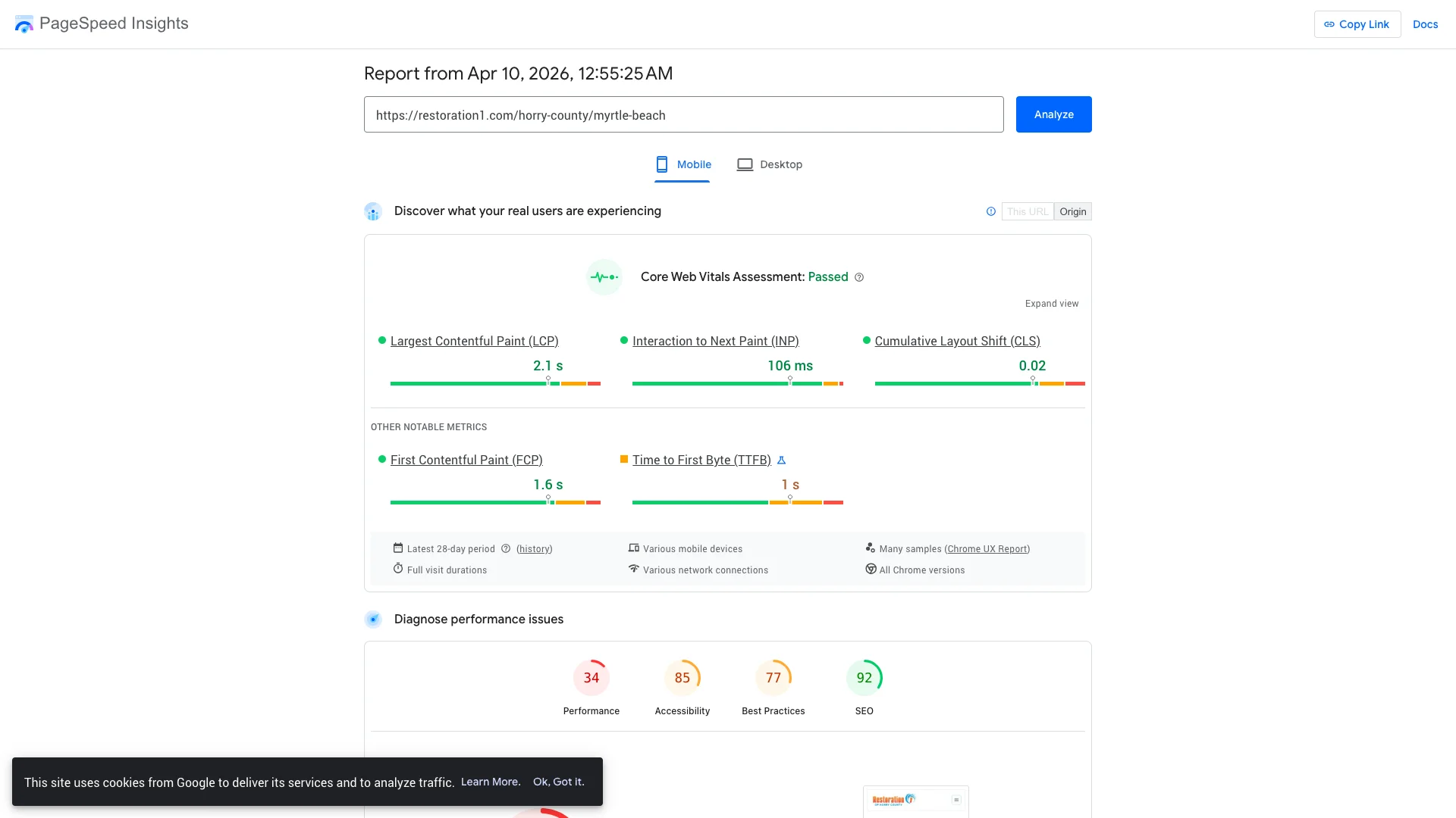 Google PageSpeed Insights Lighthouse lab results for Restoration 1 Myrtle Beach location page on mobile showing a score of 64 out of 100