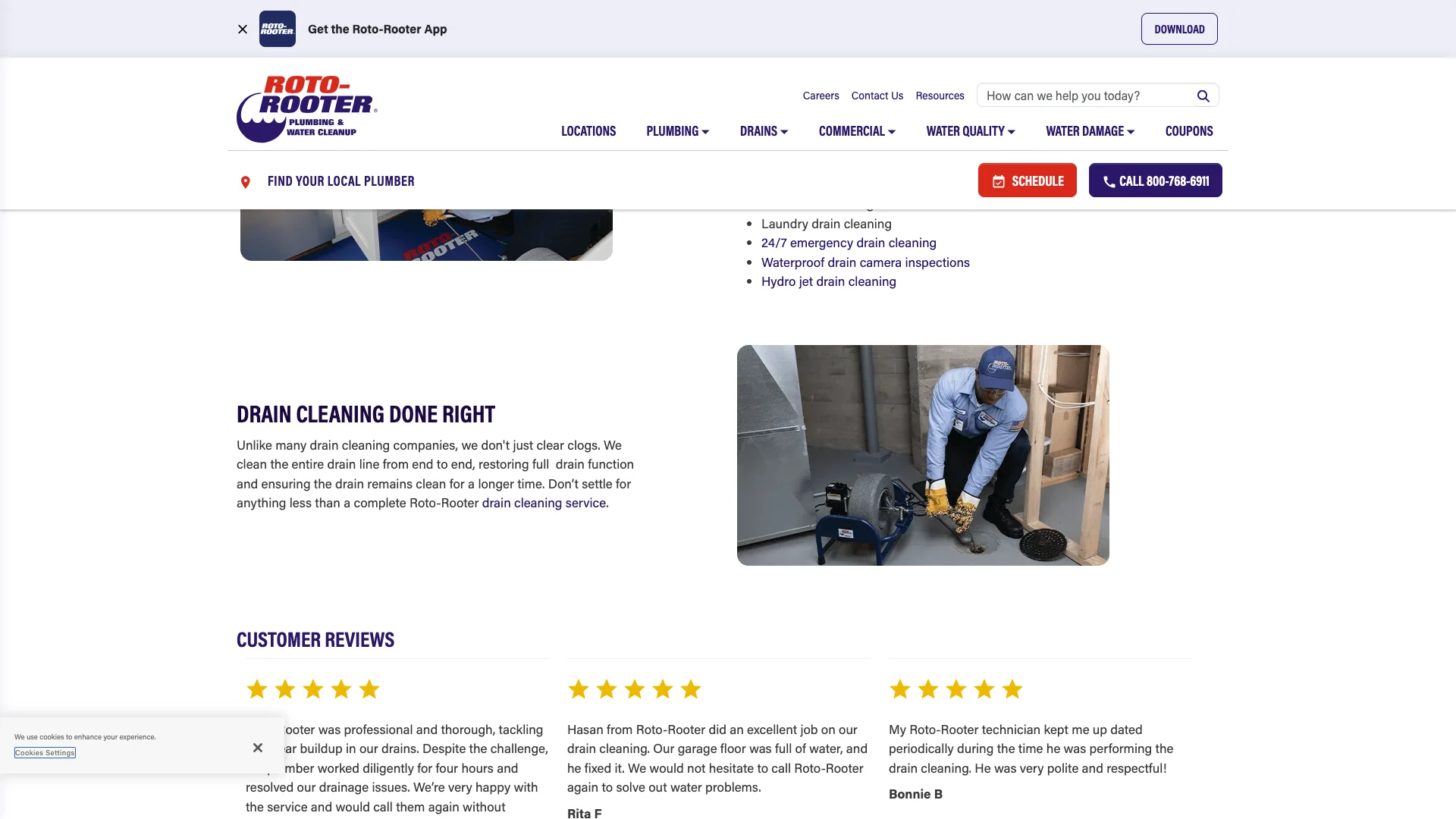 Roto-Rooter drain cleaning page scrolled to show the Customer Reviews section with three five-star reviews from Fabian G, Rita F, and Bonnie B, followed by a Frequently Asked Questions accordion, but no booking form visible anywhere on the page