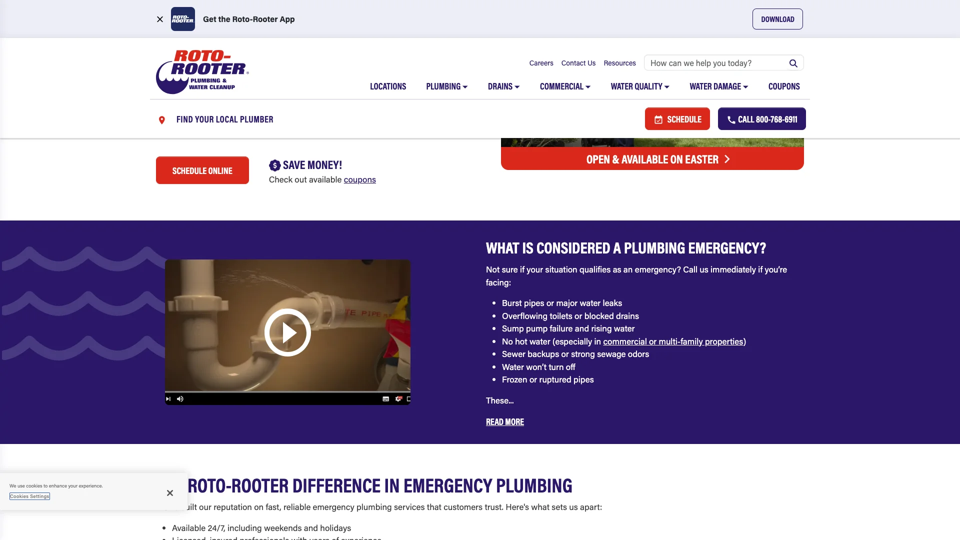 Roto-Rooter emergency plumber service page showing the 24 Hour Emergency Plumbing heading, service description, Schedule Online button, Call 859-278-8491 button, video content, FAQ accordion with five questions, and a Customer Reviews section at the bottom with three five-star reviews from named customers Amanda K, Jannica H, and Jamie S