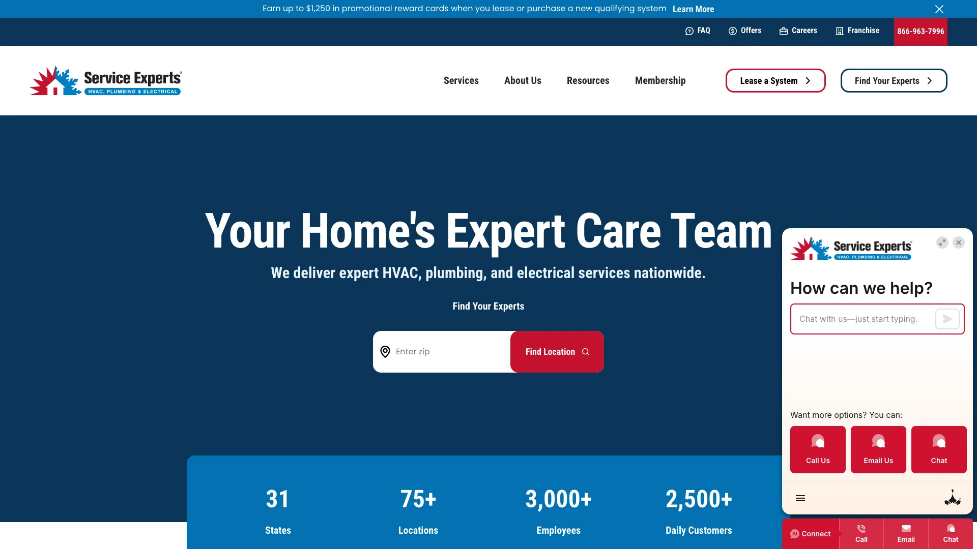 Service Experts homepage hero showing HVAC franchise branding as seen through a regular browser