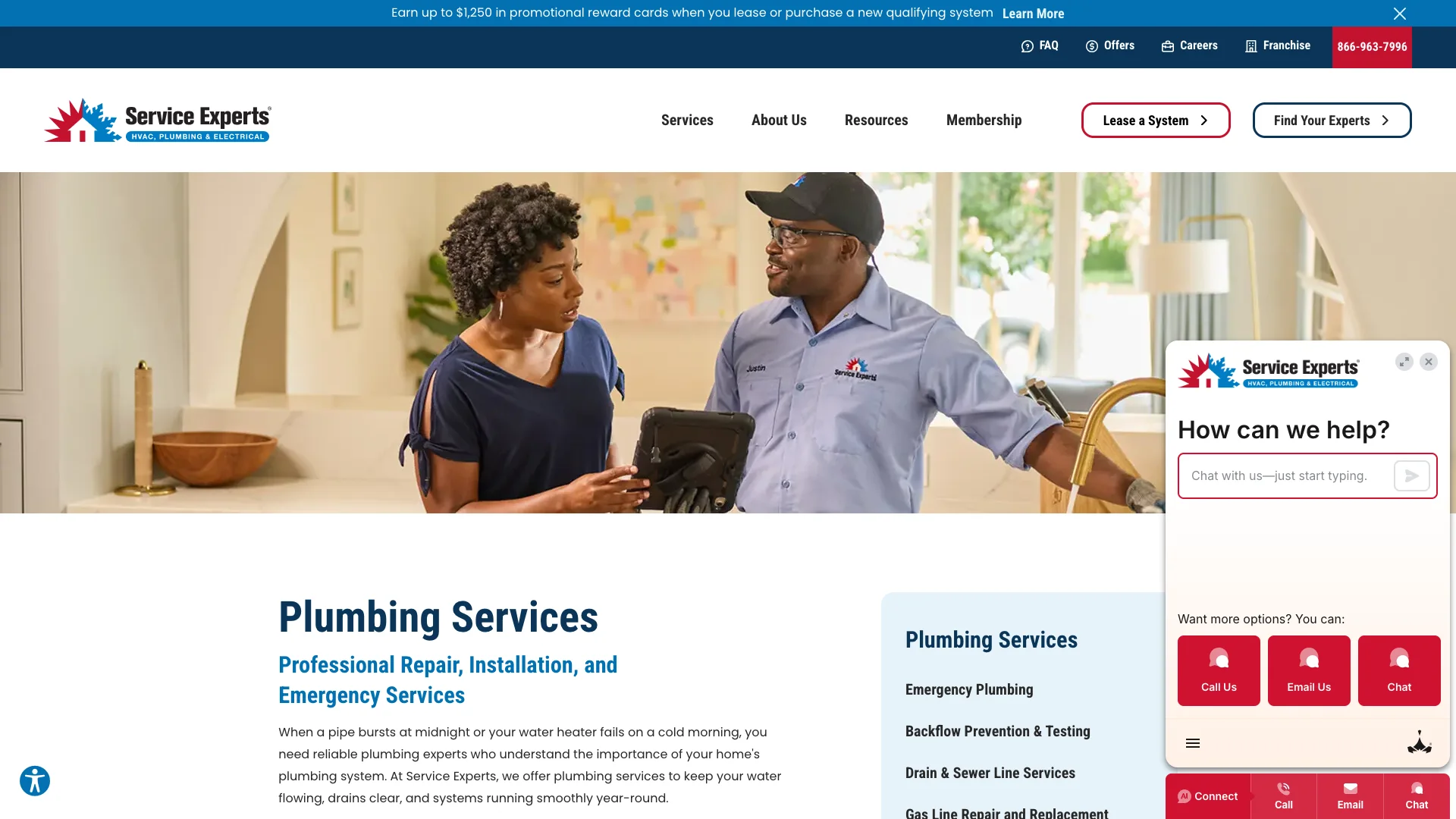 Service Experts plumbing services page as seen through a regular browser (not the audit tool), showing the plumbing service category page with navigation, hero, and content that the bot-detection system blocked our audit tool from reading