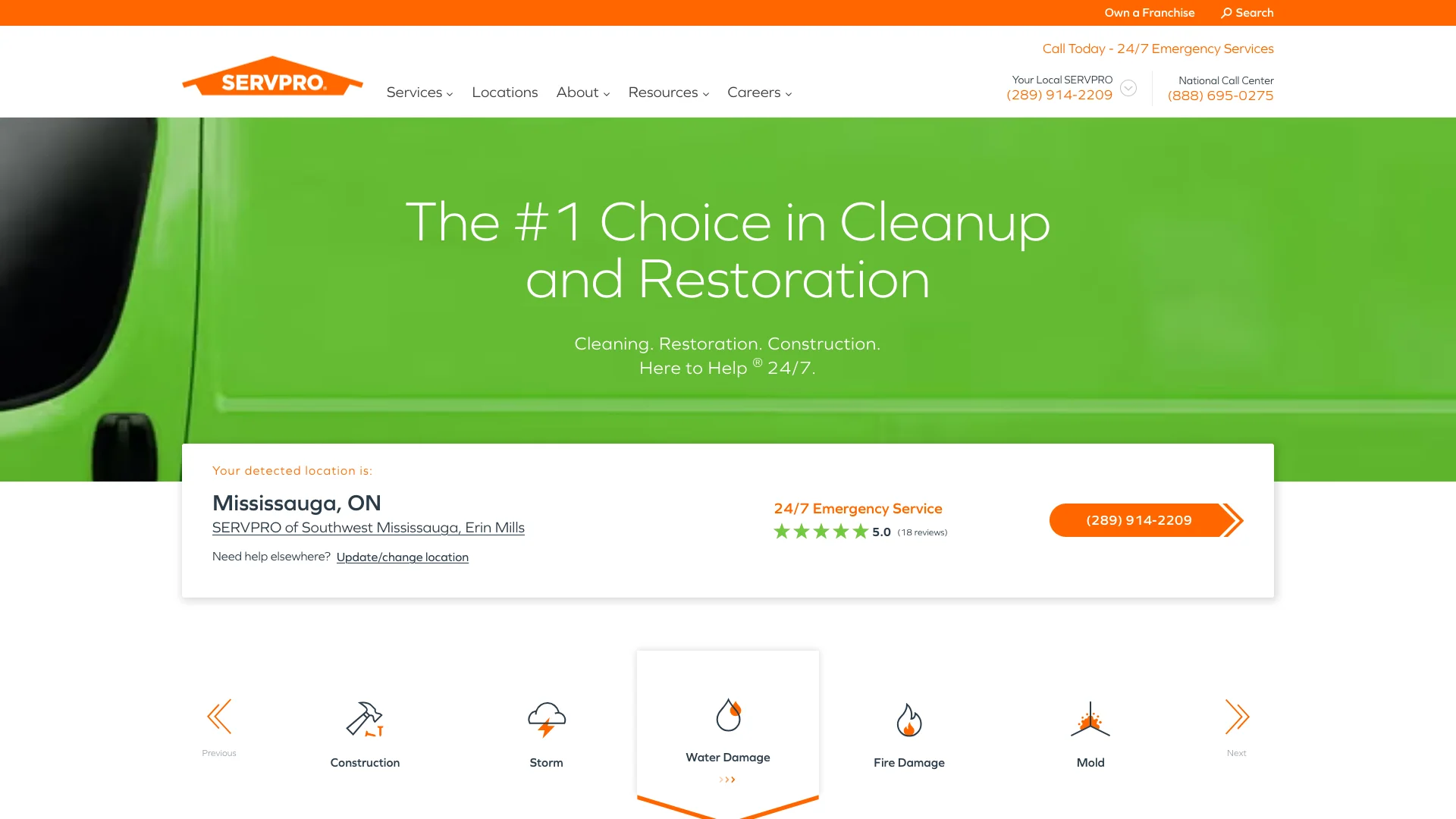 SERVPRO homepage hero showing restoration service branding