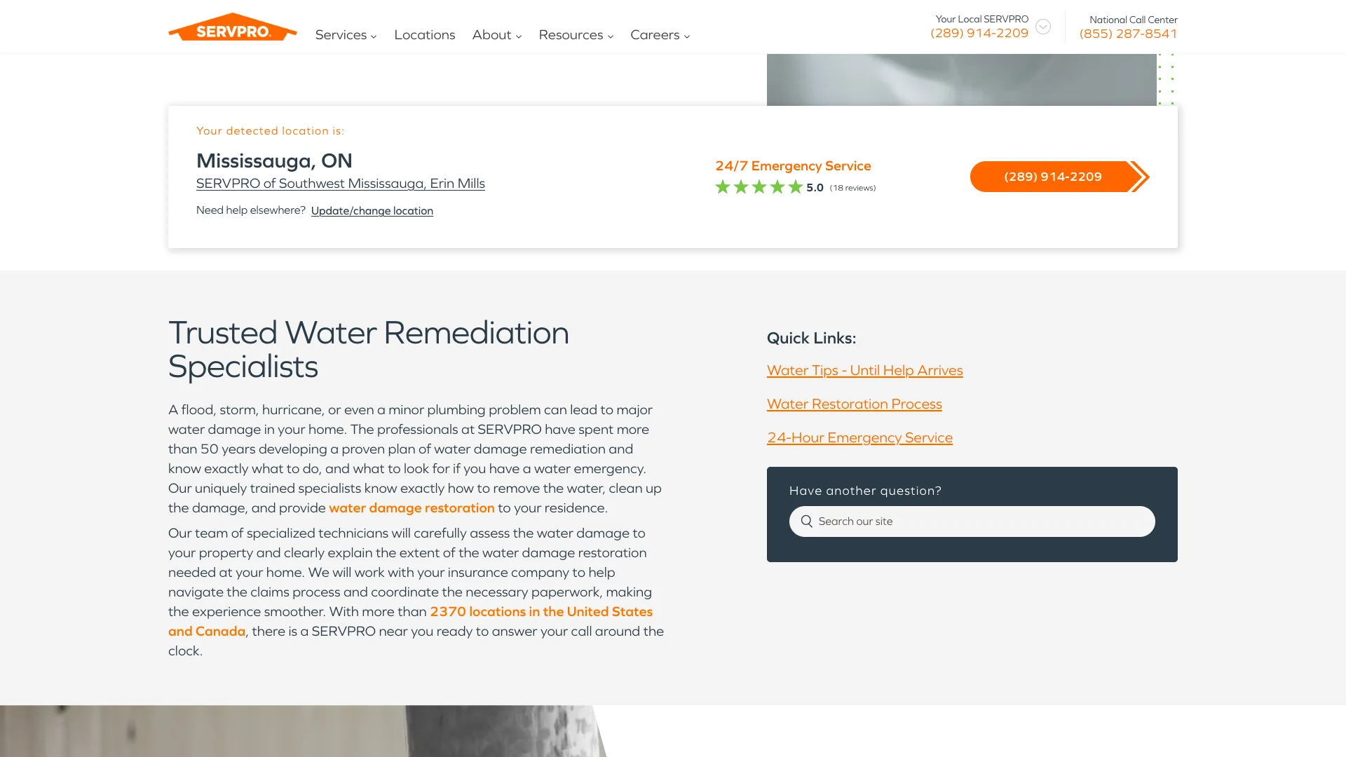 SERVPRO water damage service page showing detailed restoration process information, emergency contact phone numbers, Call for Service and Contact Us buttons, but no web contact form anywhere on the page