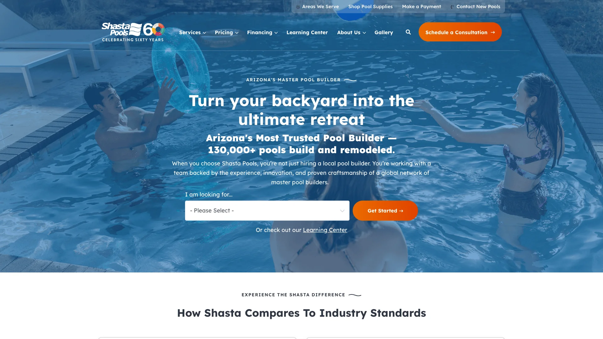 Shasta Pools homepage hero showing Arizona pool building service branding