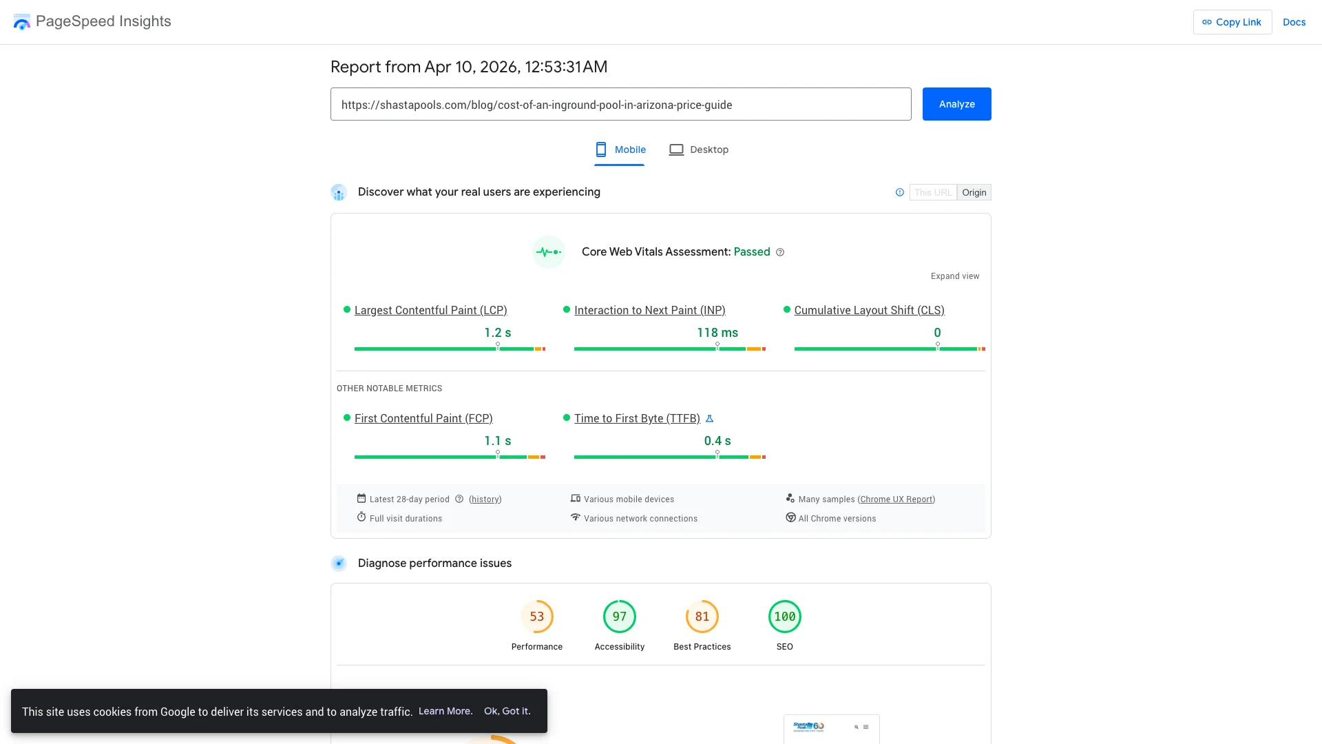Google PageSpeed Insights Lighthouse lab results for Shasta Pools inground pool cost blog on mobile showing a score of 62 out of 100