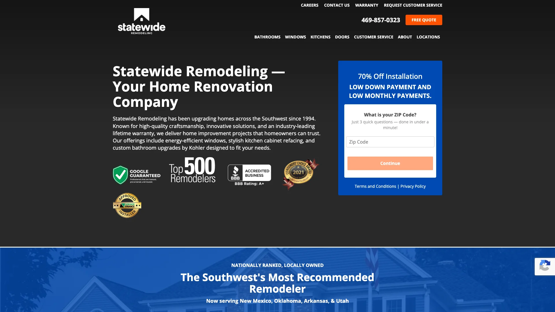 Statewide Remodeling homepage hero showing kitchen and bath remodeling service branding