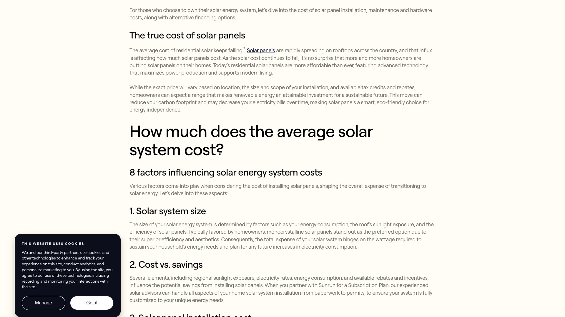 Sunrun solar panels cleaning blog showing the maintenance article content with no Google Reviews widget, no trust badges, and no social proof elements visible anywhere on the page