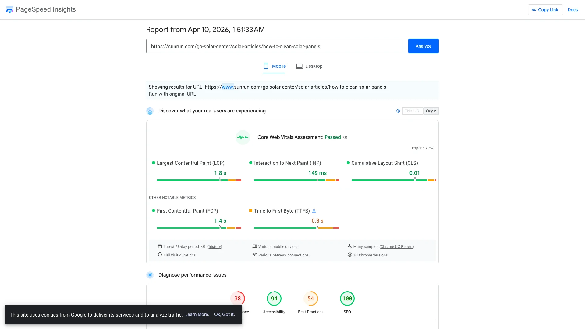 Google PageSpeed Insights mobile lab results for Sunrun cost of solar page showing a performance score of 43 out of 100