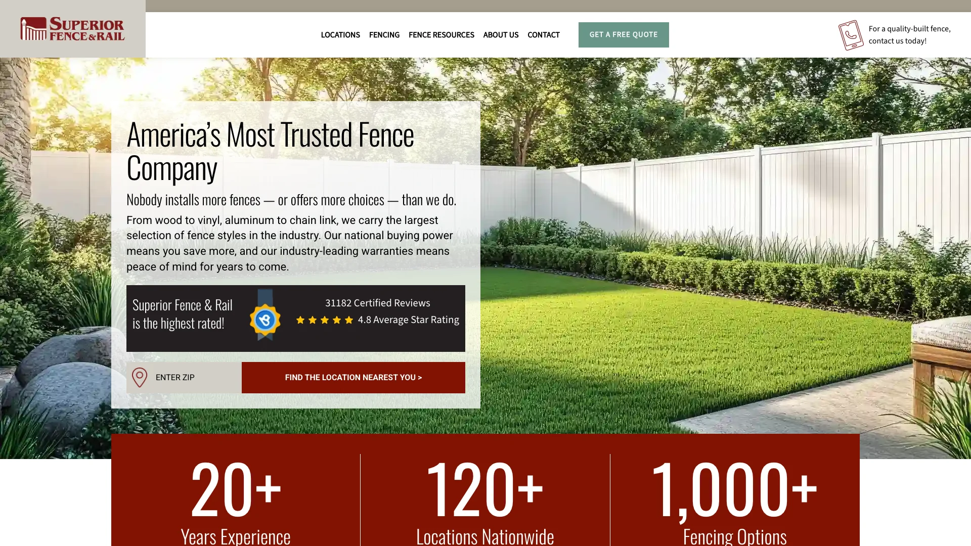 Superior Fence and Rail homepage hero showing fencing franchise branding