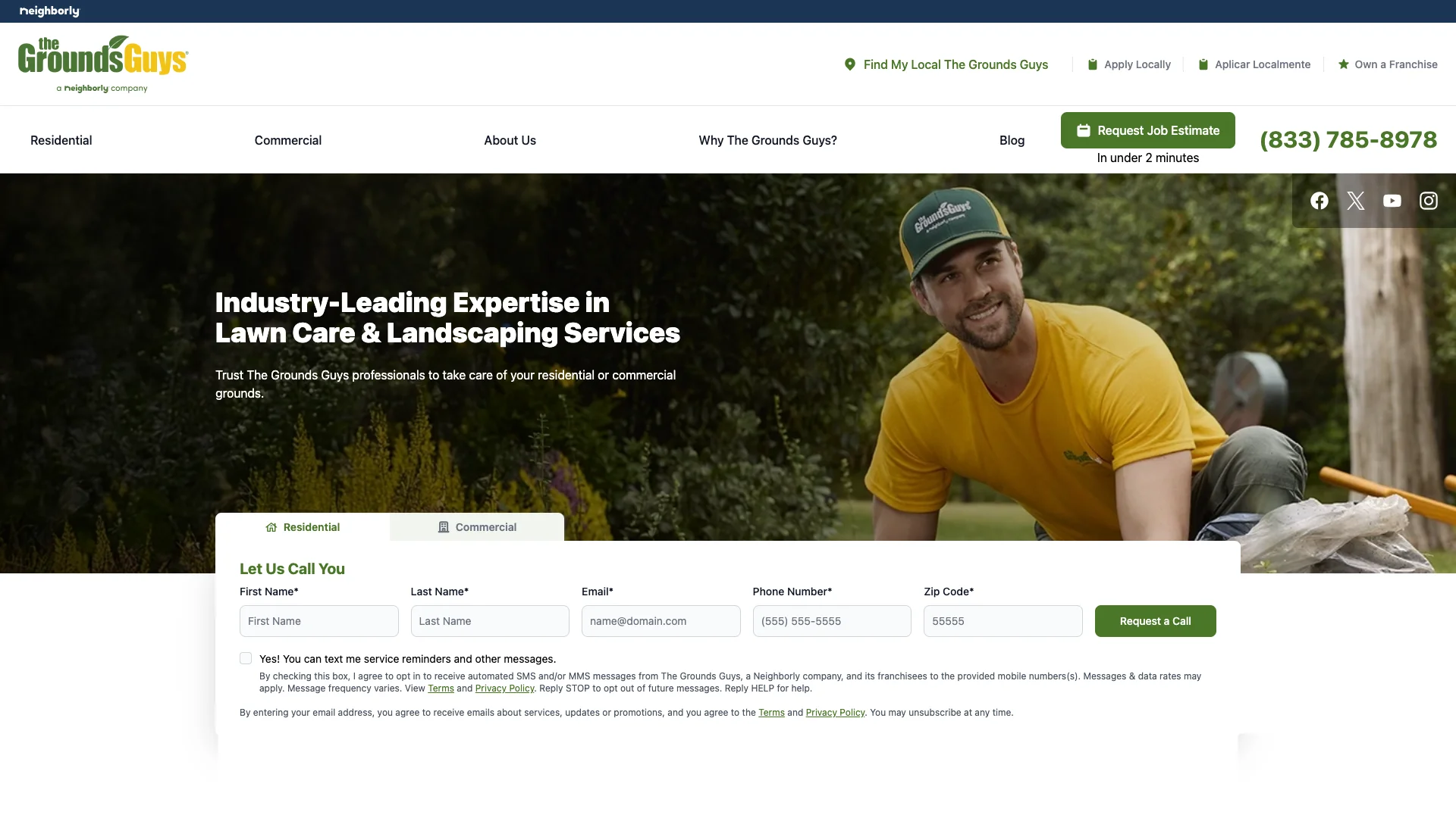 The Grounds Guys homepage hero showing landscaping franchise branding