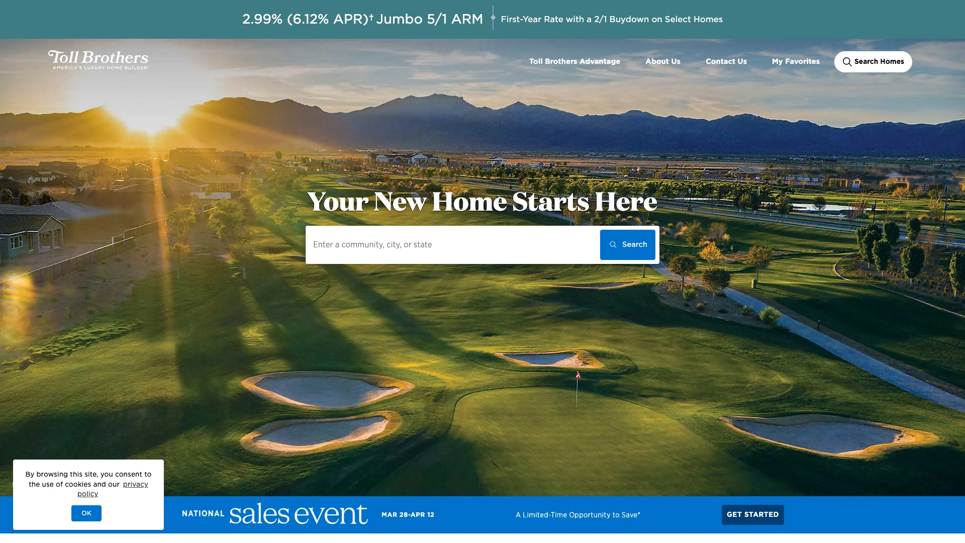 Toll Brothers homepage hero showing luxury home builder branding