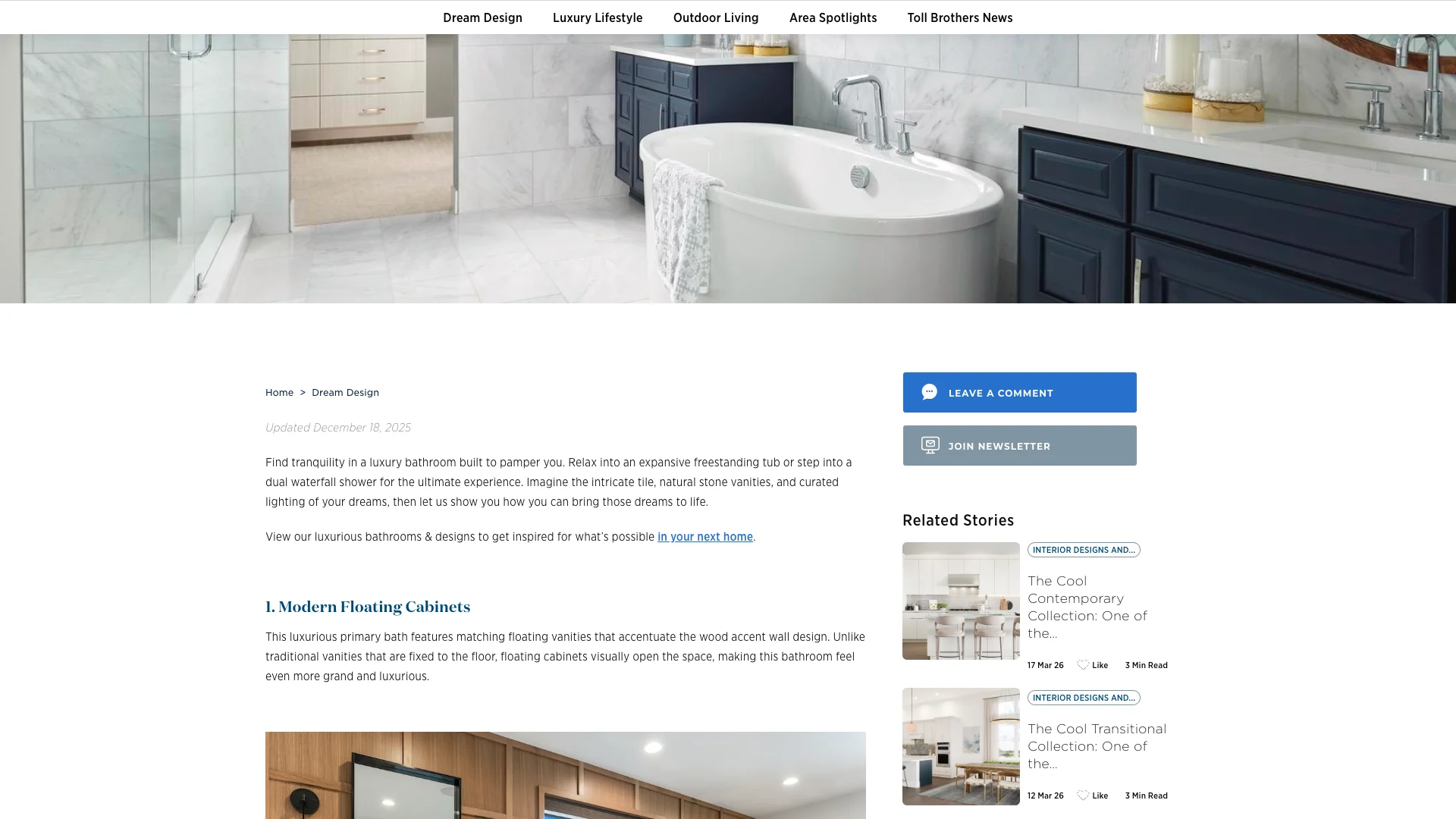 Toll Brothers accent walls blog showing the design inspiration content with Google Reviews present on this page but no trust badges visible
