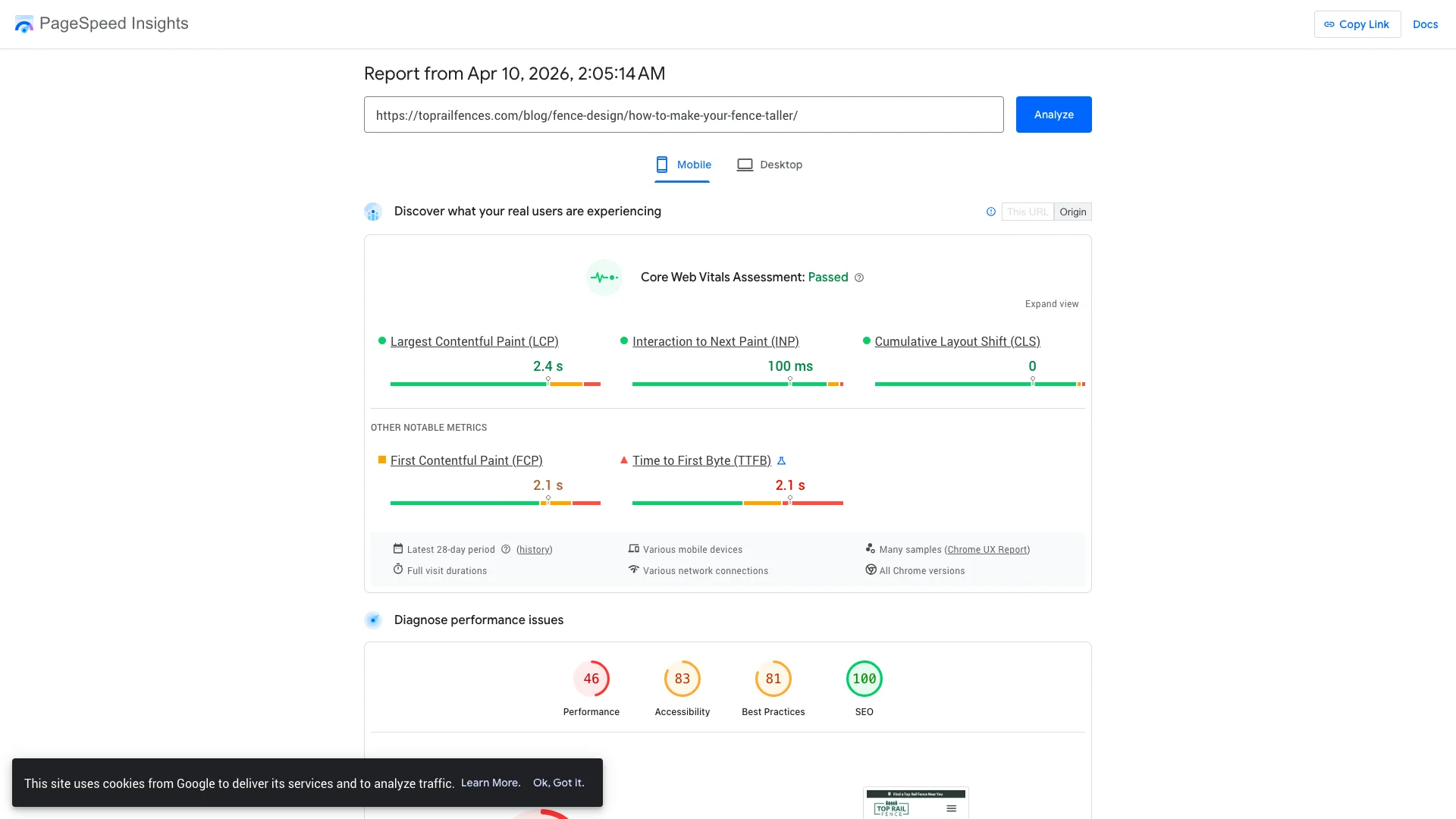 Google PageSpeed Insights Lighthouse lab results for Top Rail Fence taller fence blog post on mobile showing a score of 66 out of 100