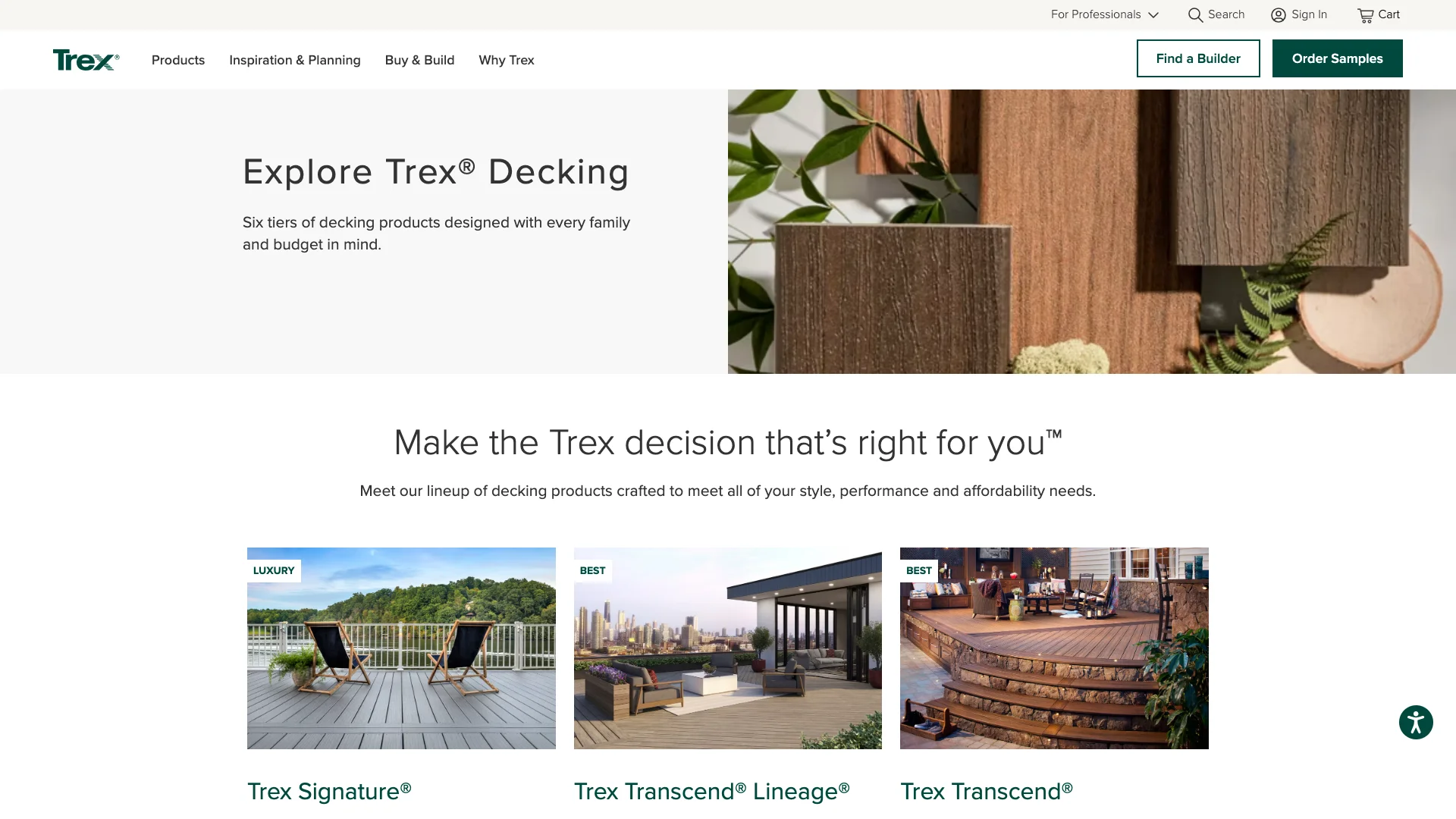 Trex decking product page showing six composite decking product tiers with images and descriptions, navigation with Products, Inspiration and Planning, Buy and Build sections, and CTAs for Find a Retailer and Find a Builder
