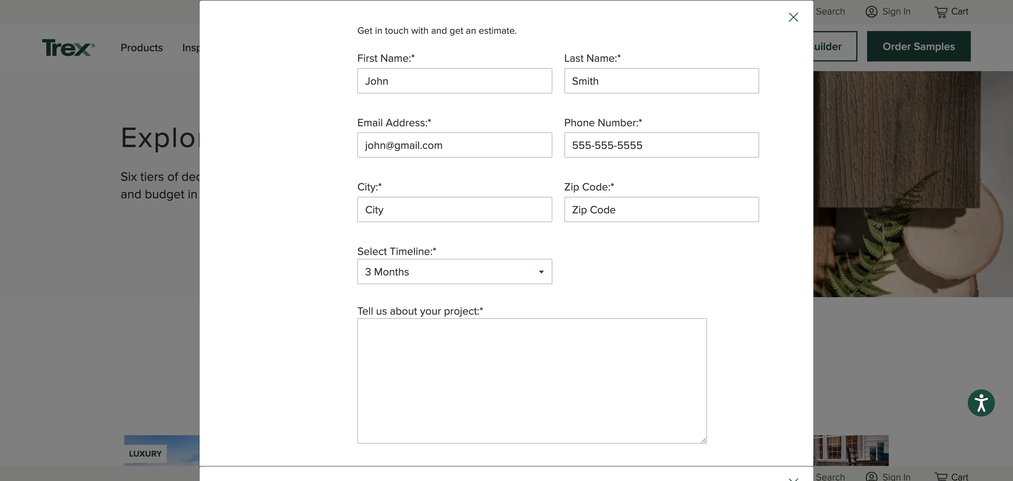 Trex product page showing the 9-field Request a Quote form with first name, last name, email, phone, city, zip code, message textarea, select dropdown, and reCAPTCHA — the same form pattern repeated on every product page